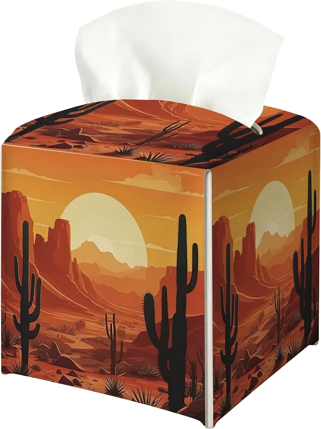 Desert Sunset Cactus Tissue Box Cover, PU Leather Holder