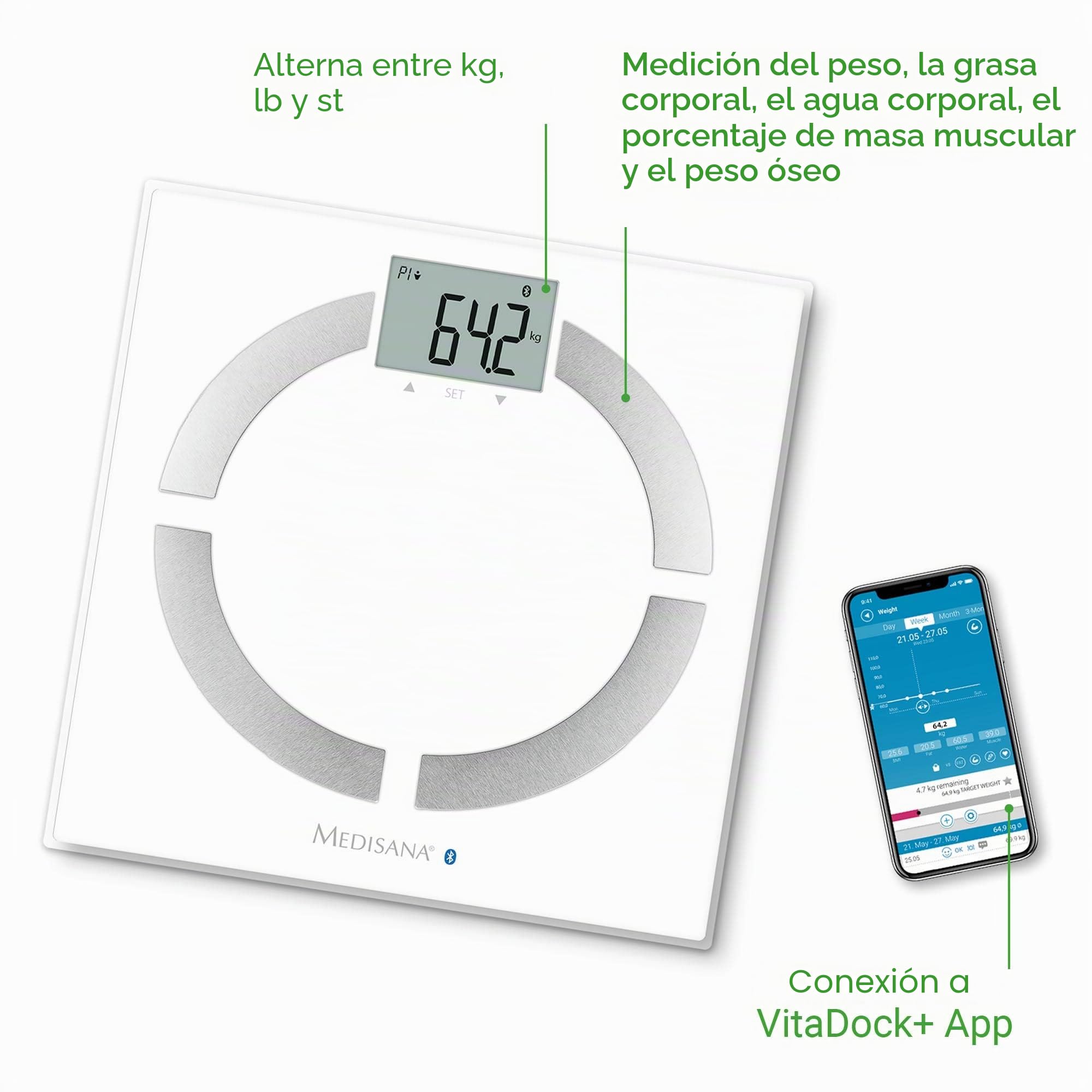 Medisana BS 444 Connect Báscula Analítica Digital de 180 kg, para Medir la Grasa Corporal, el Agua Corporal, la Masa Muscular, el Peso de los Huesos, con App