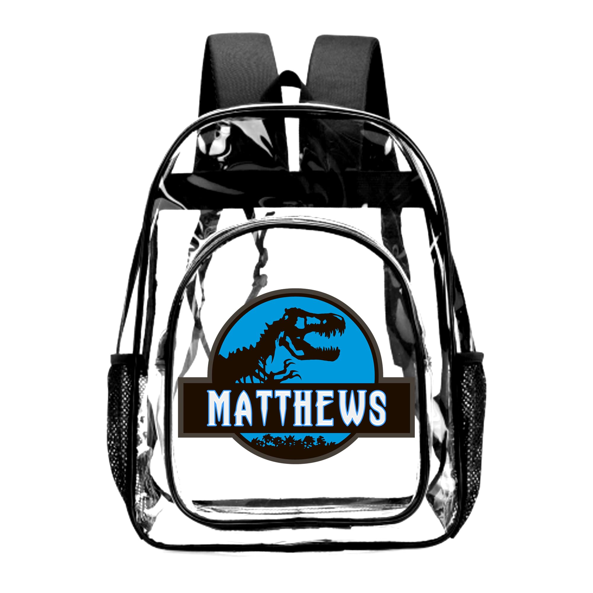 Lcyawer Personalized Dinosaur Clear Backpack with Name, Custom Clear Bookbag for Boys Girls, PVC Transparent Waterproof Backpack with Reinforced Strap