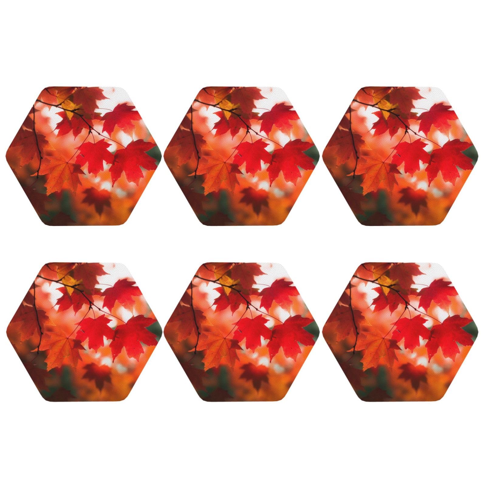 6Pcs PU Leather Coaster for Drinks, Autumn Fall Red Maple Leaves Cup Coastersr 4" Cup Mat Pad, Aesthetic Drink Coasters for Coffee Table, Hexagon Coaster for Tabletop Protection