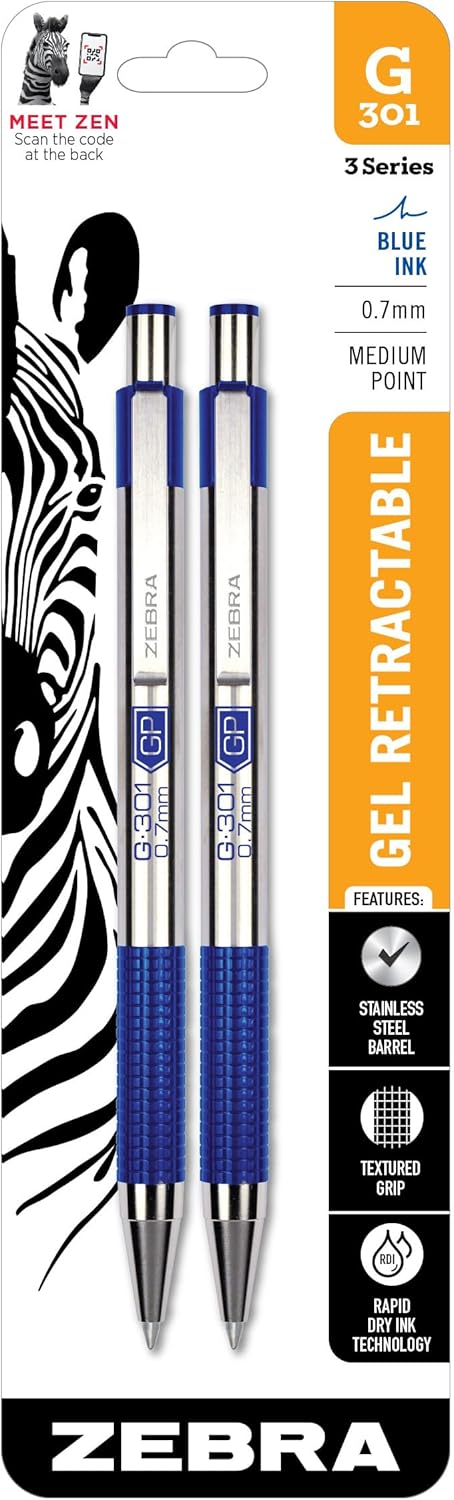 Zebra Pen G-301 Retractable Gel Pen, 0.7mm Medium Point, Stainless Steel Barrel, Textured Grip, Easy Glide Ink Provides a Smooth and Skipless Writing Experience, Blue Ink, 12-Pack (41320)