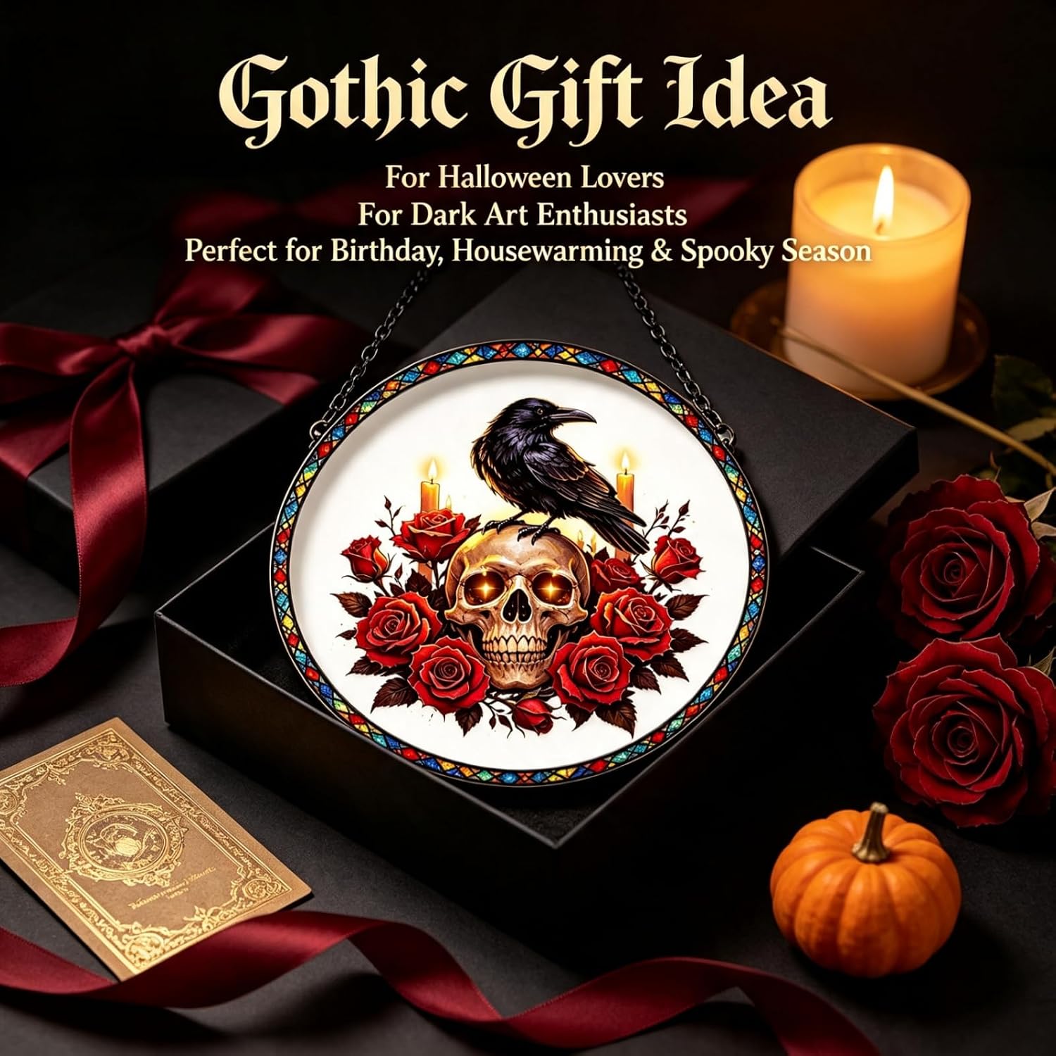 Halloween Suncatcher Window Decor 7.87 Inch - Gothic Raven Skull & Red Rose Stained Glass Art - Spooky Sun Catcher for Indoor Outdoor Party Decoration