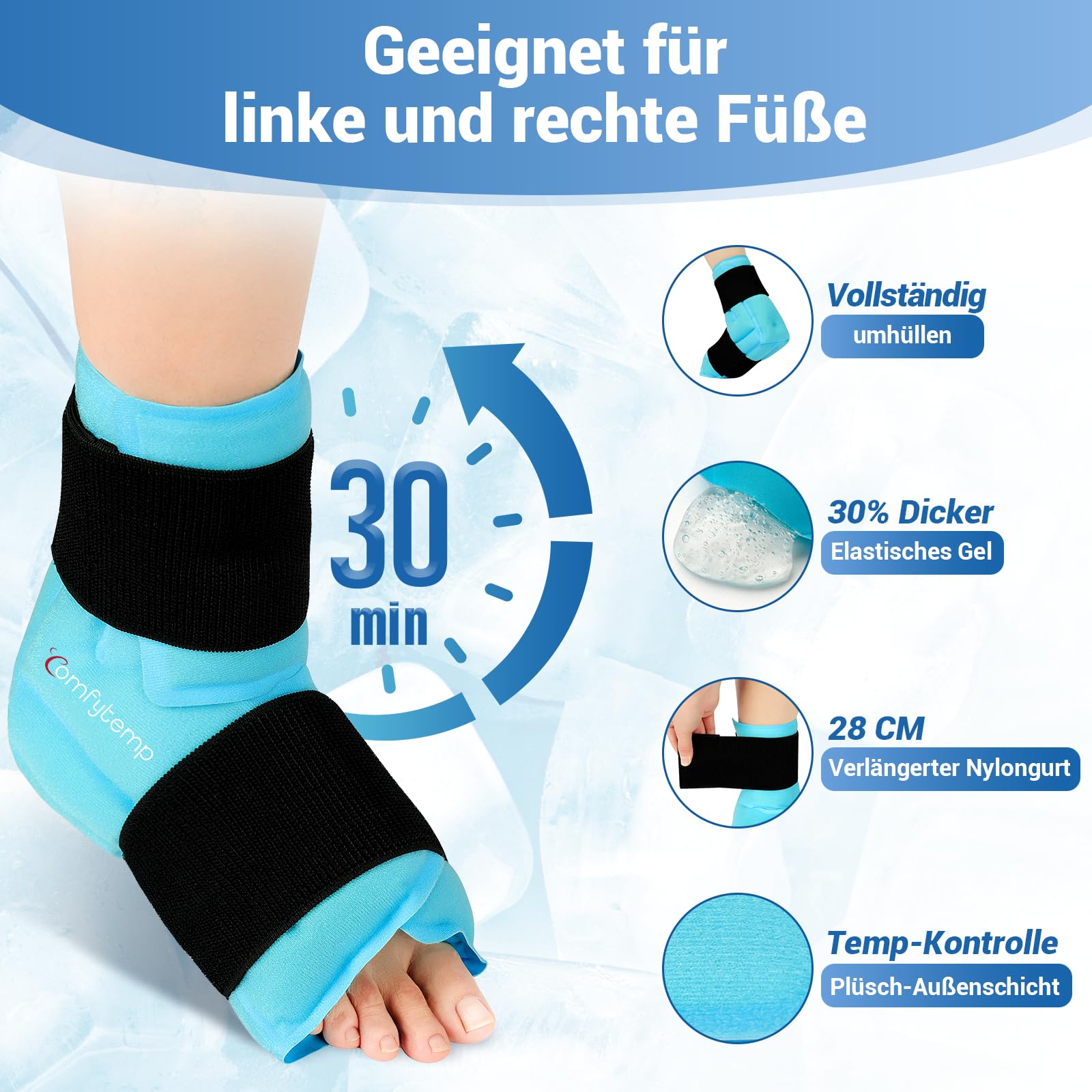 Comfytemp Extra-Größe XL Kühlmanschette Fuß, Kühlbandage Knöchel Fußgelenk für Wasserloses Eisbad nach dem Sport. Wiederverwendbare Groß Kühlpads Gel für Plantarfasziitis（21x22cm,900g）