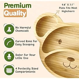 Bamboo Plates for Kids - Baby & Toddler Plates with Suction for Feeding & Weaning, Eco-Friendly Bear Design Promotes Self-Feeding, Ideal for Busy Moms & Dads, Sturdy & BPA-Free (Mint)