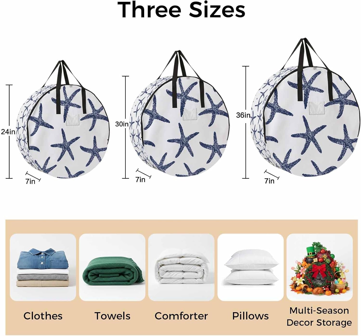 Starfish Round Storage Bag 36 Inch, Ocean Coastal Blue Clothes Storage Container with Handles Heavy Duty Organizer for Comforter, Bedding & Holiday Wreaths