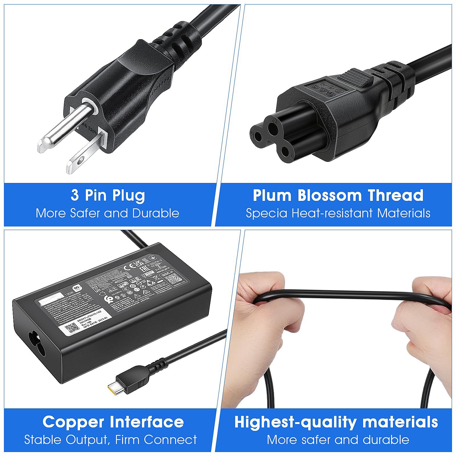 100W USB-C Laptop Charger For Lenovo ThinkPad & IdeaPad - 20V 5A AC Adapter Replacement