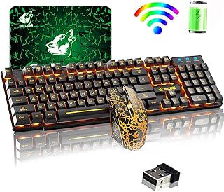 Wireless Keyboard Mouse Combo LED Backlit 2.4G Rechargeable Mechanical Feel 104 Keys Gaming Keyboard + 2400DPI 6 Buttons Optical Orange LED Gaming Mouse + Free Mouse Pads for PC Laptop