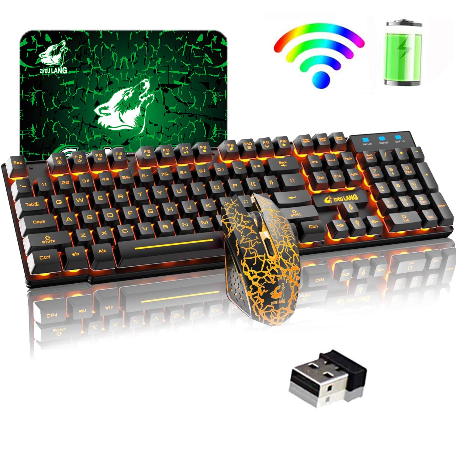 Wireless Keyboard Mouse Combo LED Backlit 2.4G Rechargeable Mechanical Feel 104 Keys Gaming Keyboard + 2400DPI 6 Buttons Optical Orange LED Gaming Mouse + Free Mouse Pads for PC Laptop