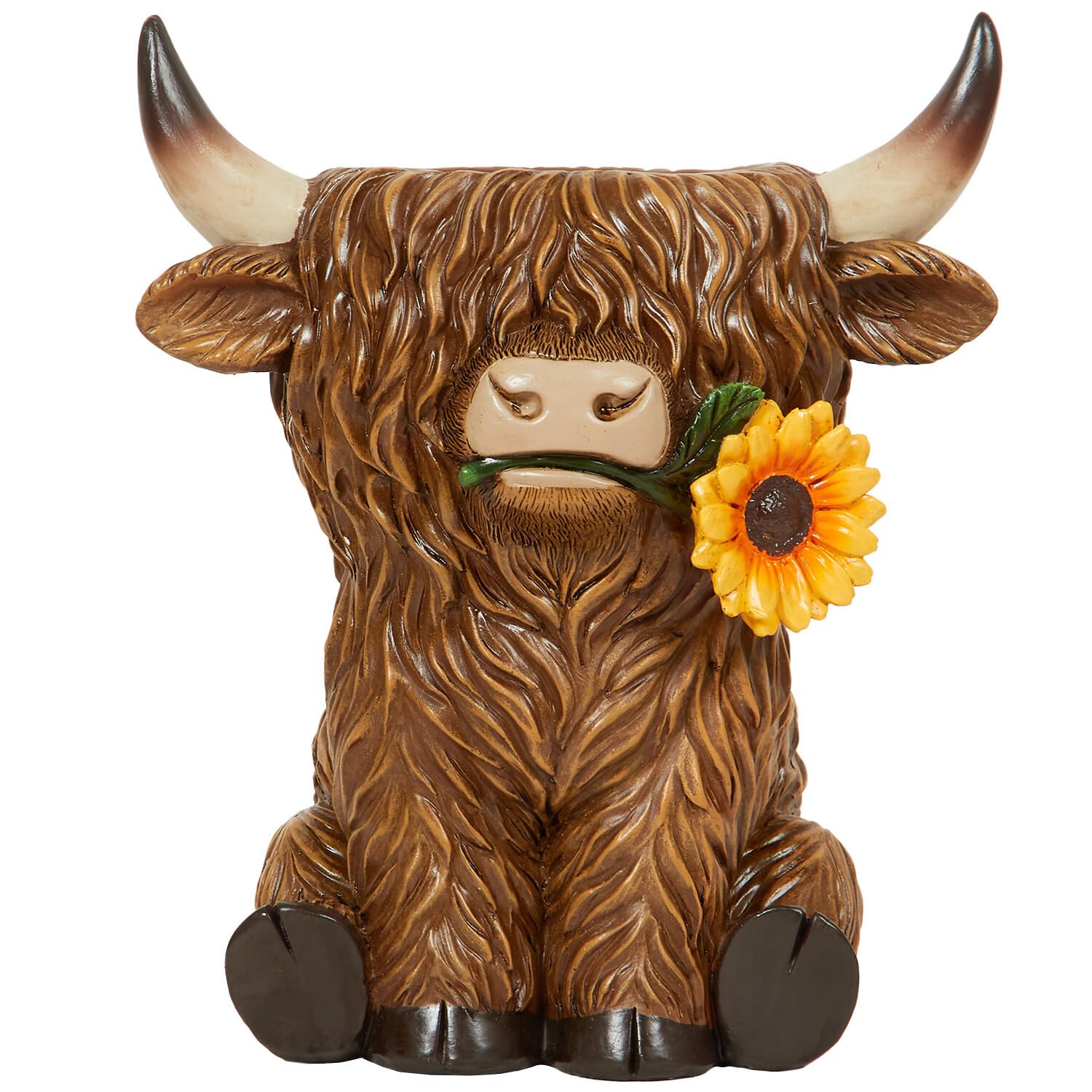 New Highland Cow Summer Planter – Large Brown Rustic Plant Pot for Home or Garden – Unique Decorative Flower Holder with Iconic Shaggy Hair and Cute Cow Design N-40