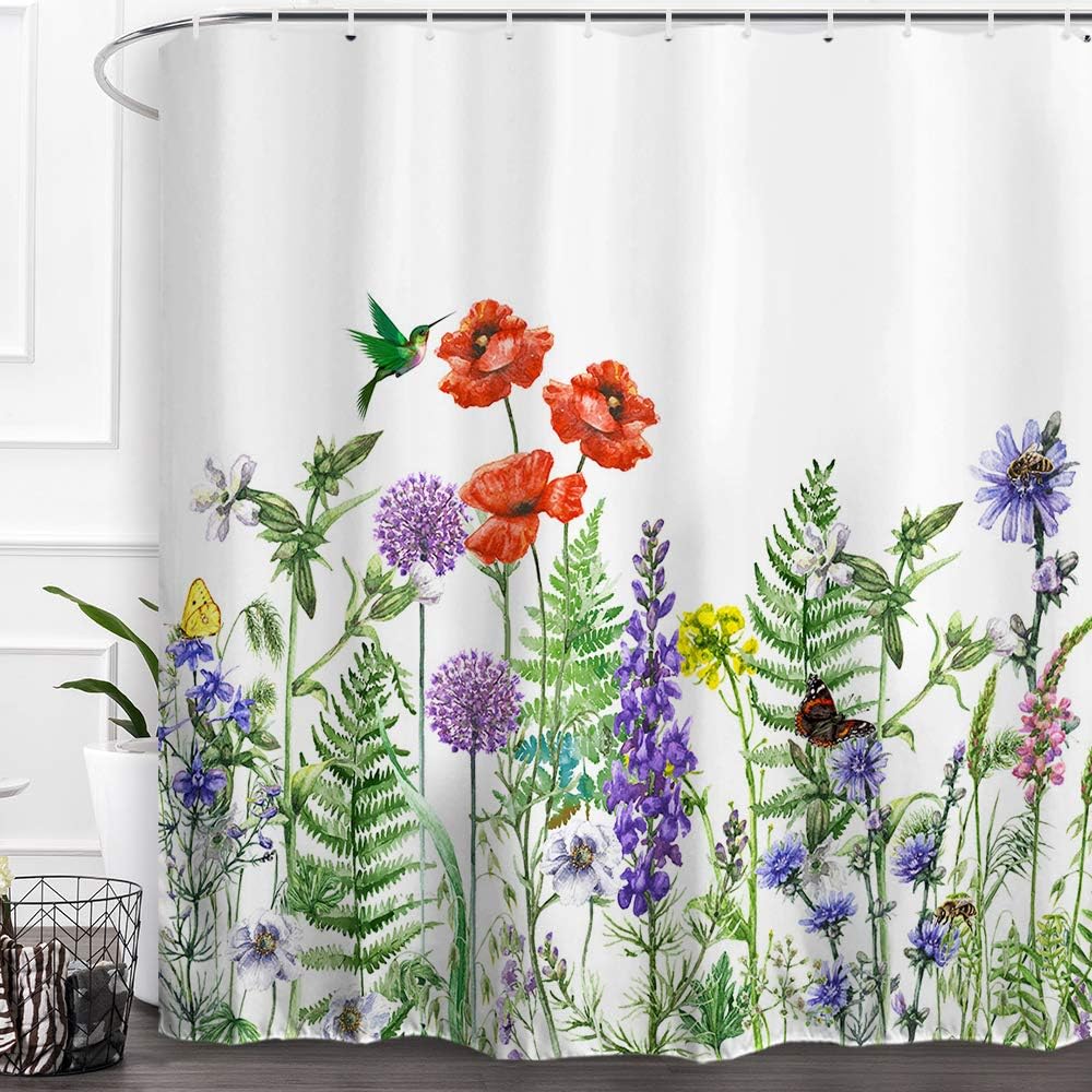 Baccessor Wildflower Floral Shower Curtain Flower Nature Plant Leaf Botanical Shower Curtain Waterproof Watercolor Fall Bathroom Shower Curtain with Hooks 60Wx72H Inch