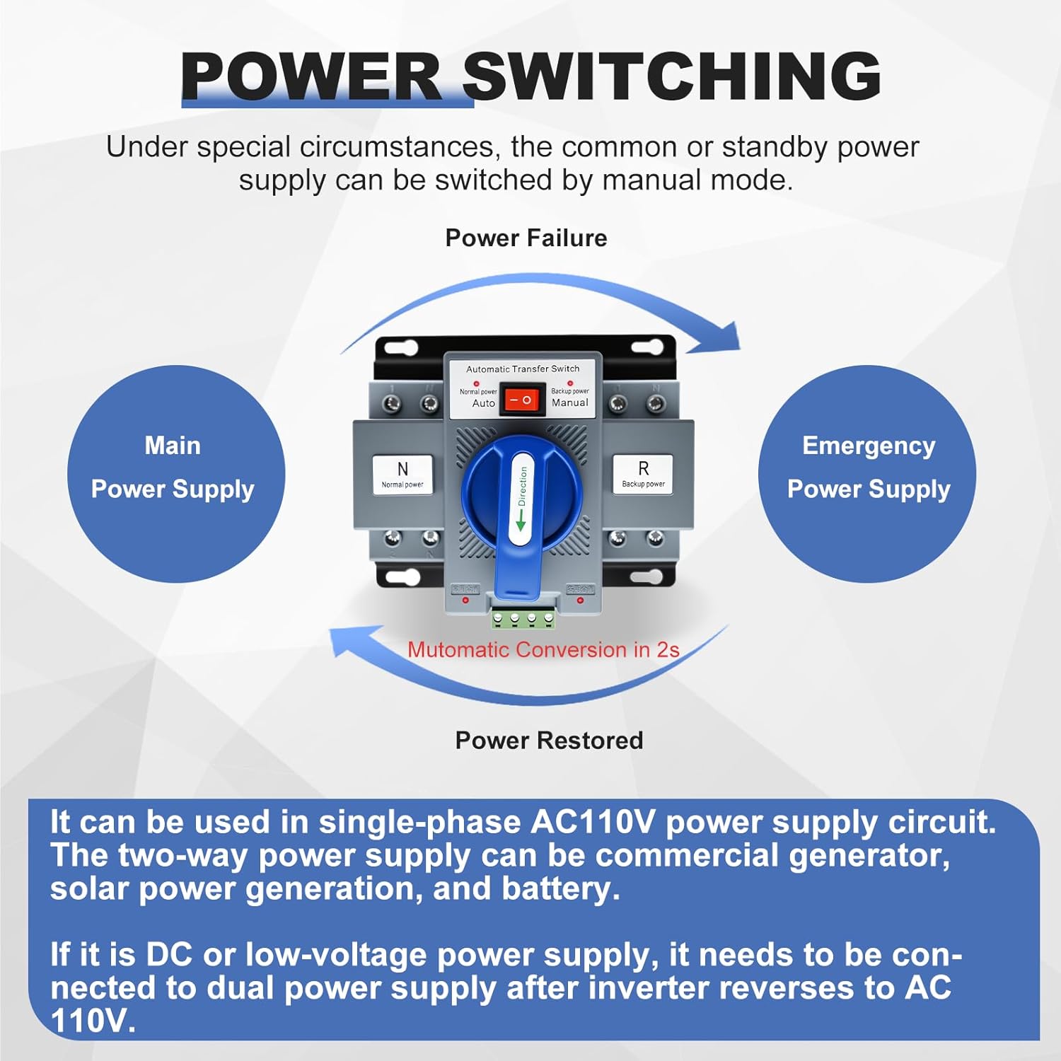 110V Dual Power Automatic Transfer Switch, 2P 63A CE Certified ATS Generator Changeover Switch 50Hz/60Hz - Image 4