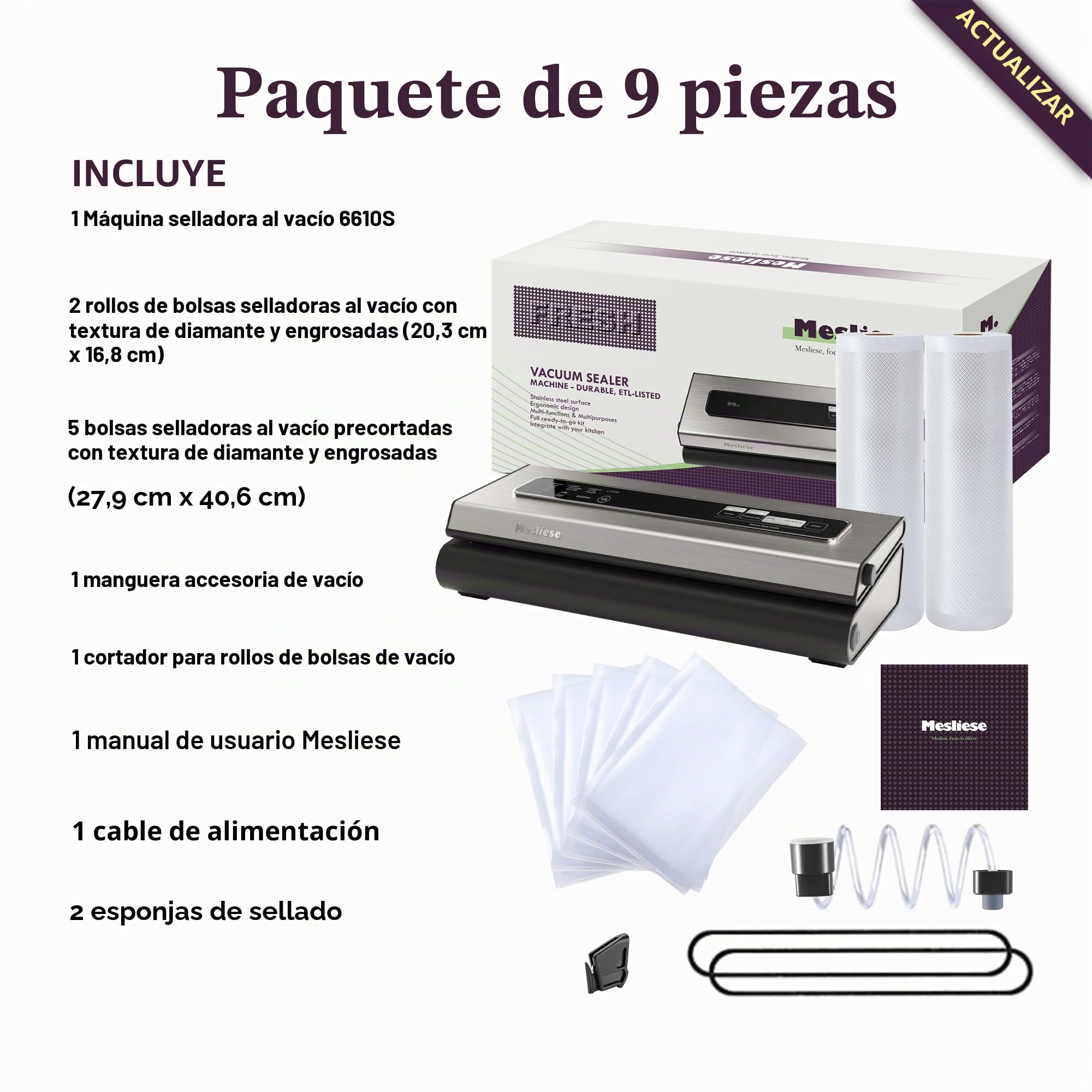 Máquina selladora al vacío Mesliese Potente sistema de conservación de alimentos compacto 6 en 1 de precisión de 90 kPa con cortador, 2 rollos de bolsas y 5 bolsas precortadas, modos seco y húmedo