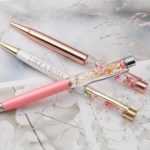 Miniatura 5 de Juego de 3 bolígrafos Boss Lady, regalos Boss Lady de tinta negra para mujeres, bolígrafos de punta de bola florales rosa, oro rosa y blanco,