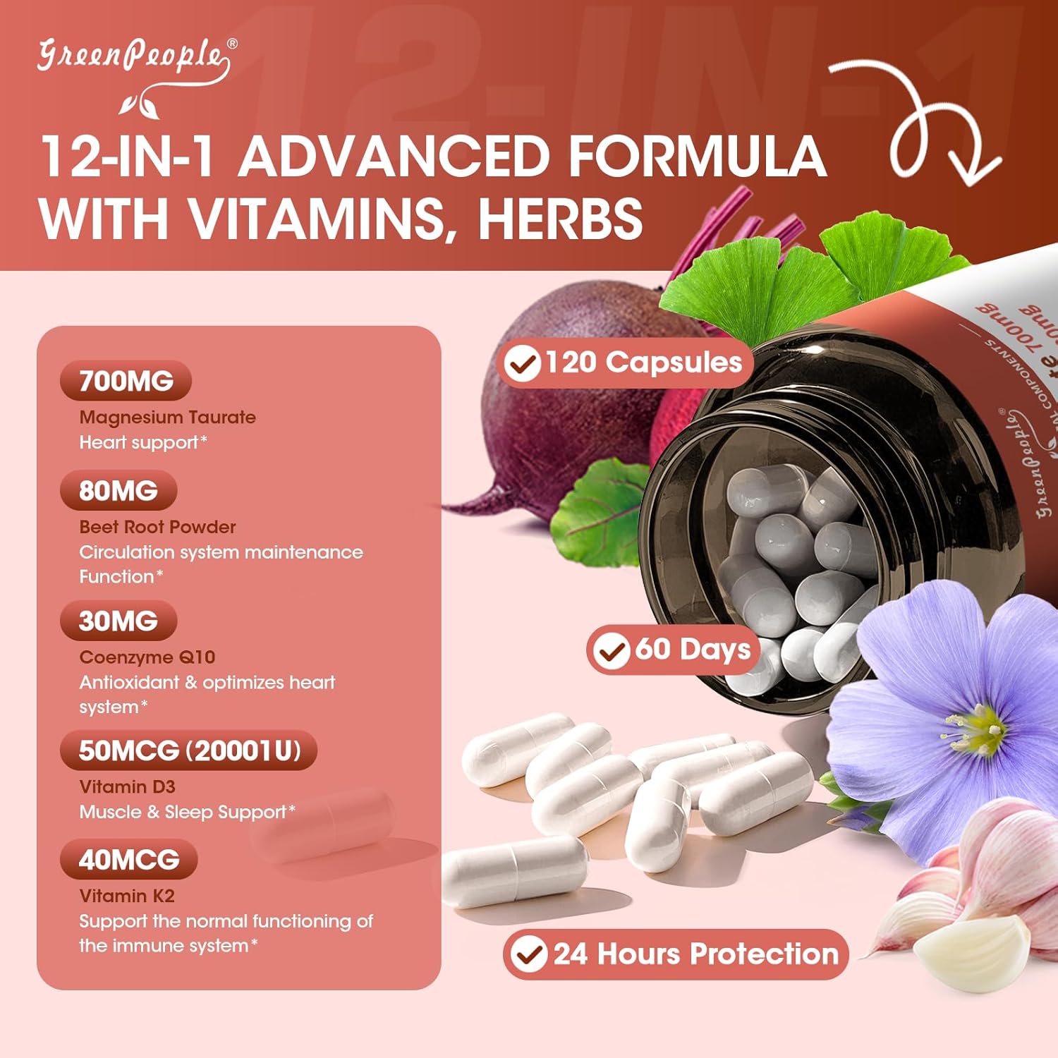 Magnesium Taurate Capsules, 12-in-1 Complex - Beet Root, CoQ10, Resveratrol for Heart Support, Immue Support, High Absorption Magnesium Taurate Complex Supplement for Men and Women, 120 Capsules