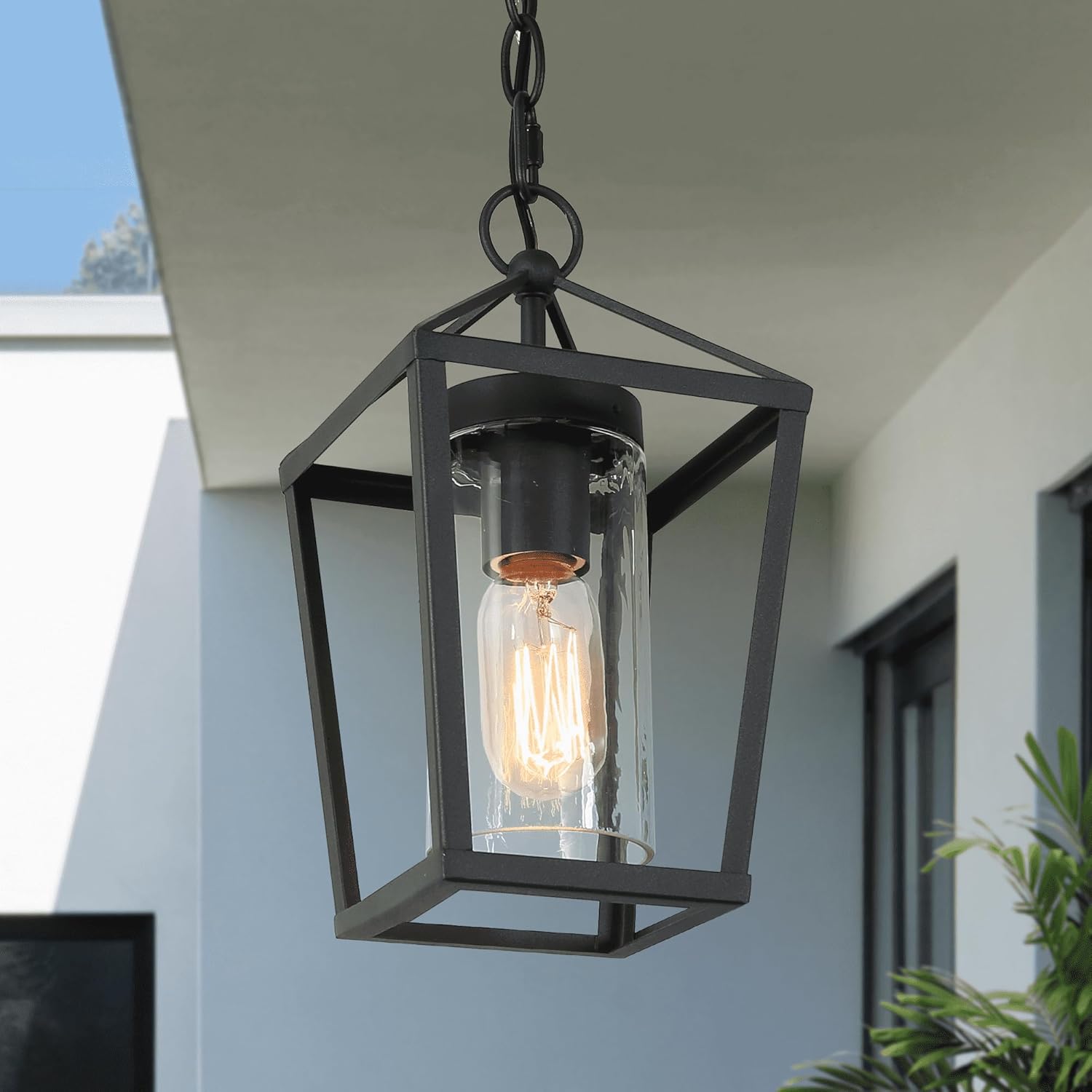 Outdoor Pendant Light, Black Hanging Lantern Fixture with Clear Glass Shade, Modern Farmhouse Exterior Lighting for Front Door, Porch, Patio, Entryway, Gazebo and Indoor