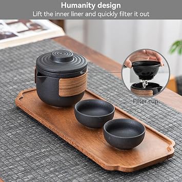 Mini Travel Ceramic Teapot Set, Chinese Kung Fu Teapot, Portable Anti-Burn Travel Tea Set with Tea Infuser, Tea Cups Travel Tea Set with Portable Bag for Outdoor Picnic (Black-2 Cups)