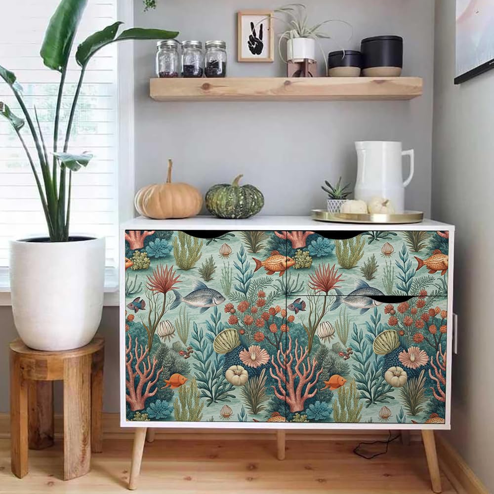 18"x236" Various Underwater Creatures Coral Peel and Stick Self Adhesive Wallpaper Removable Contact Paper Stick on Easy Peel Off Wall Paper for Kitchen Bedroom Bathroom Renter