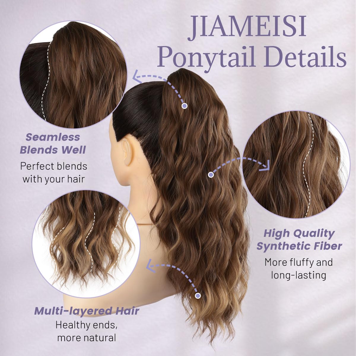 JIAMEISI Ponytail Extension 18 Inch Claw Clip Ponytail Hair Extensions Long Curly Wavy Highlight Clip in Pony Tails Extension Synthetic Fluffy Hairpiece for Women (Light Brown Mixed Honey Gold) - Image 3