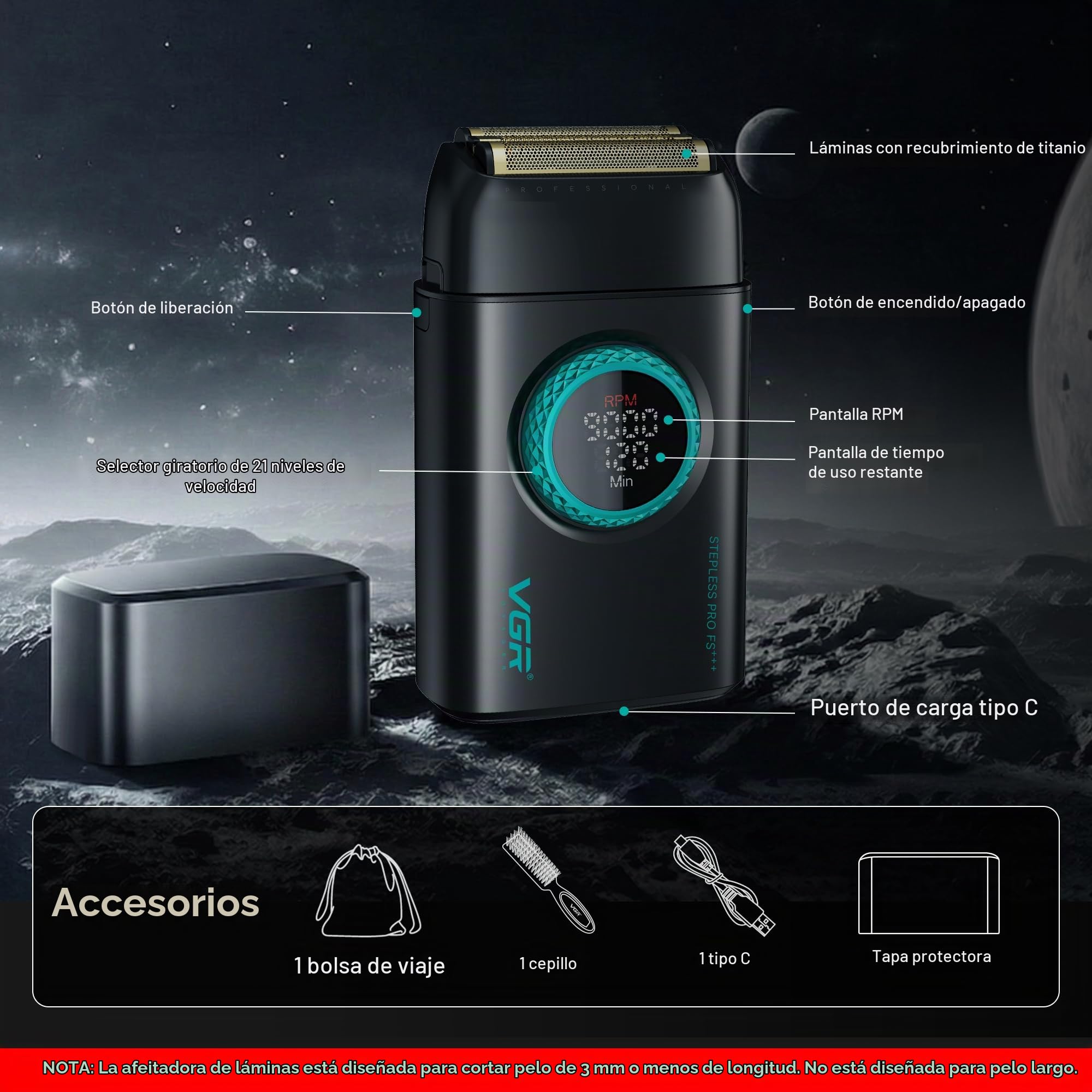 VGR Afeitadora y maquinilla de afeitar eléctrica profesional para hombres, cara, barba, cuello, decoloración de la piel y cabeza calva, recargable por USB-C, láminas de titanio flotantes dobles, 21