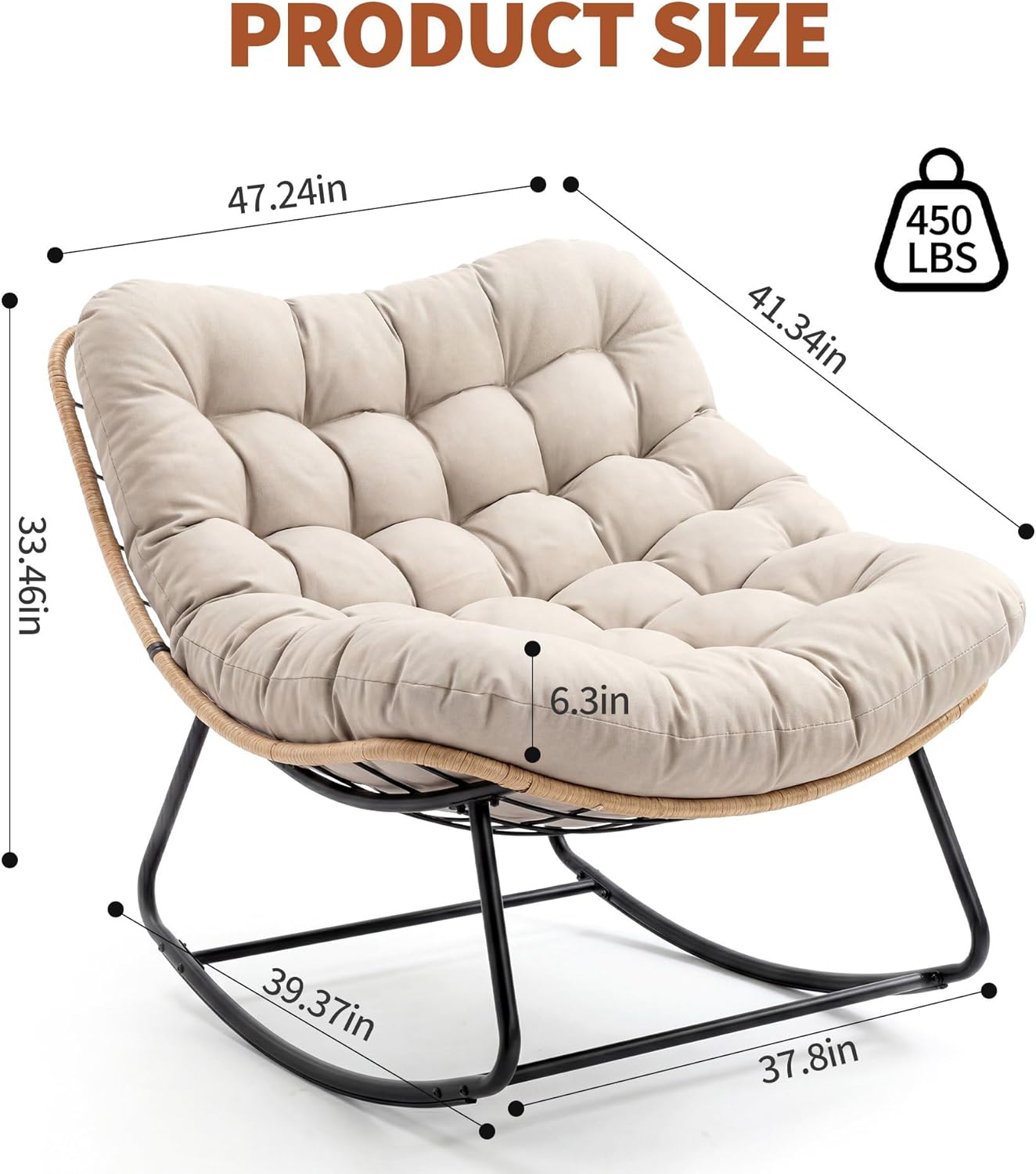 Indoor/Outdoor Rocking Chair with Thick Cushion, Heavy-Duty Metal Frame,Supports 450 Lbs Rocking Motion, Water-Resistant Fabric, Single Arc Leg for Patio, Garden, Living Room Gray