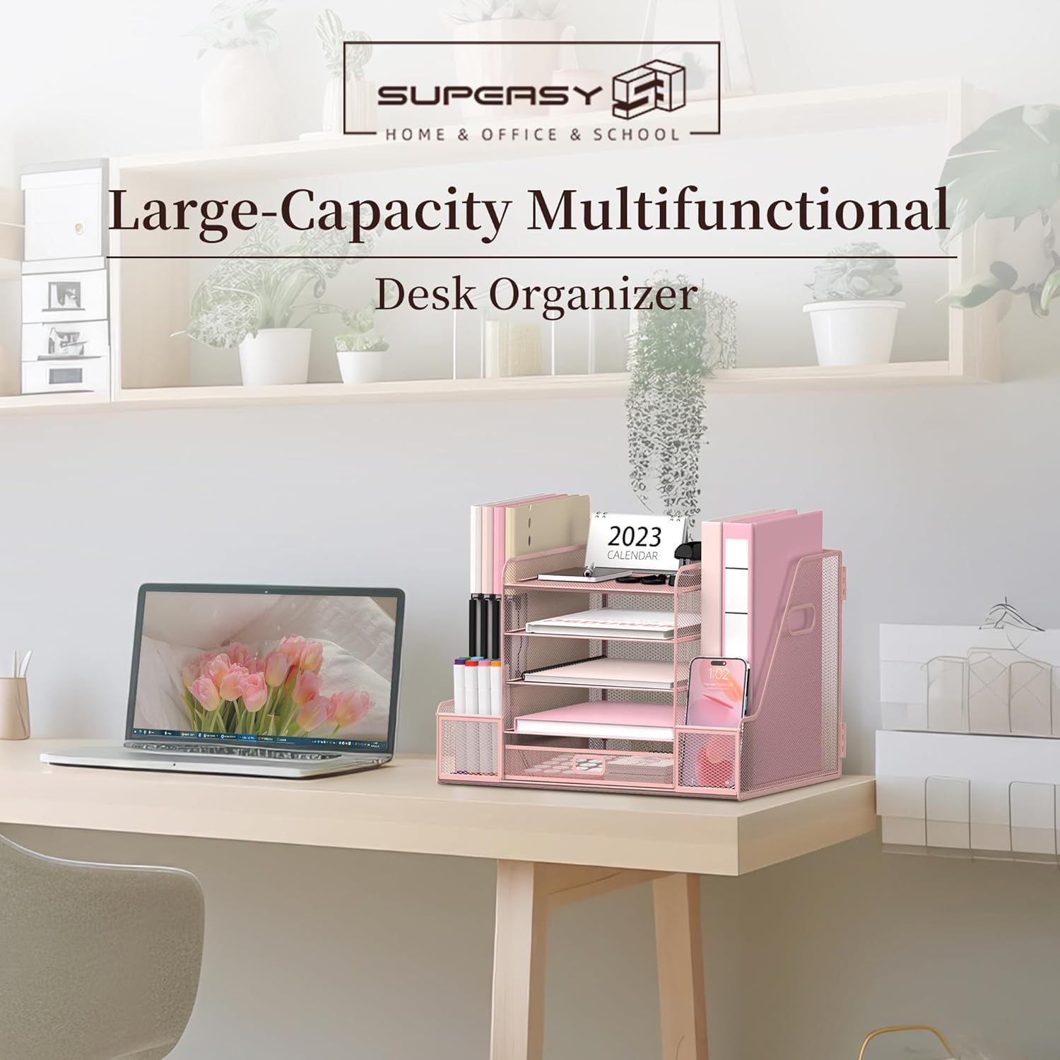 SUPEASY Mesh Desk Organizer with File Holder, 5-Tier Paper Letter Tray Organizer with Magazine Holder, Desktop Organizer and Storage with Drawer for Office Supplies Home or School (2Pack-Pink)