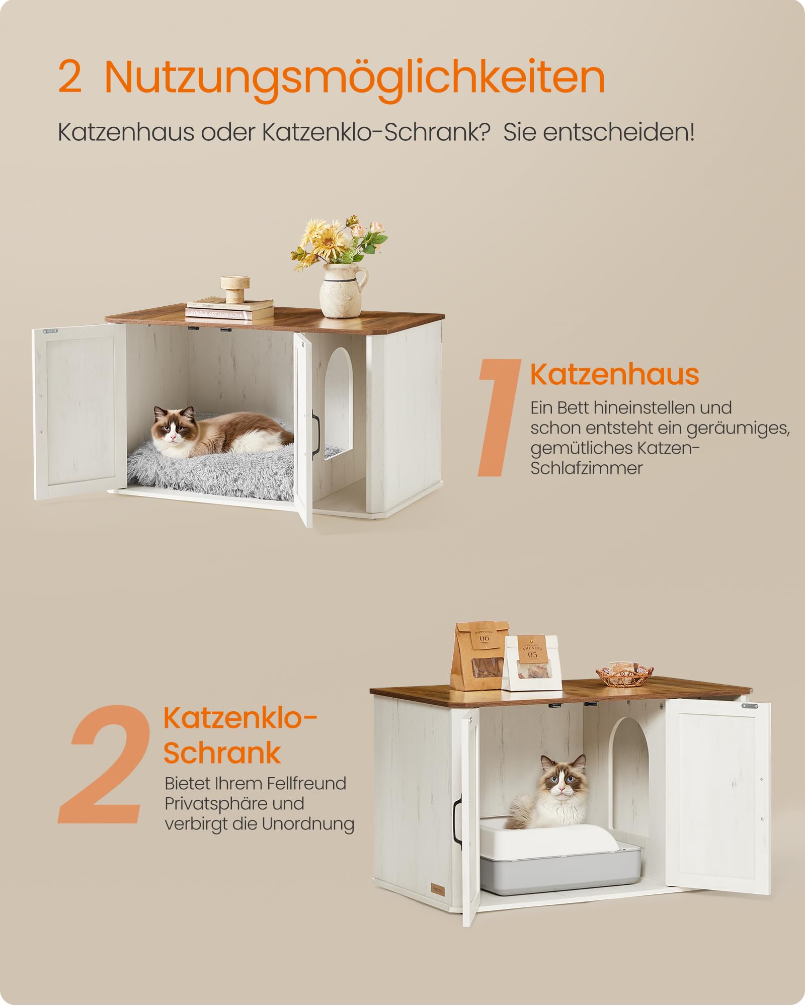 Feandrea Katzenhaus, Katzenklo-Schrank modern, Vordereingang, mit Doppeltür und Griffen, als Sideboard, 85 x 48,5 x 50 cm, honigbraun-vintageweiß PCL012K01