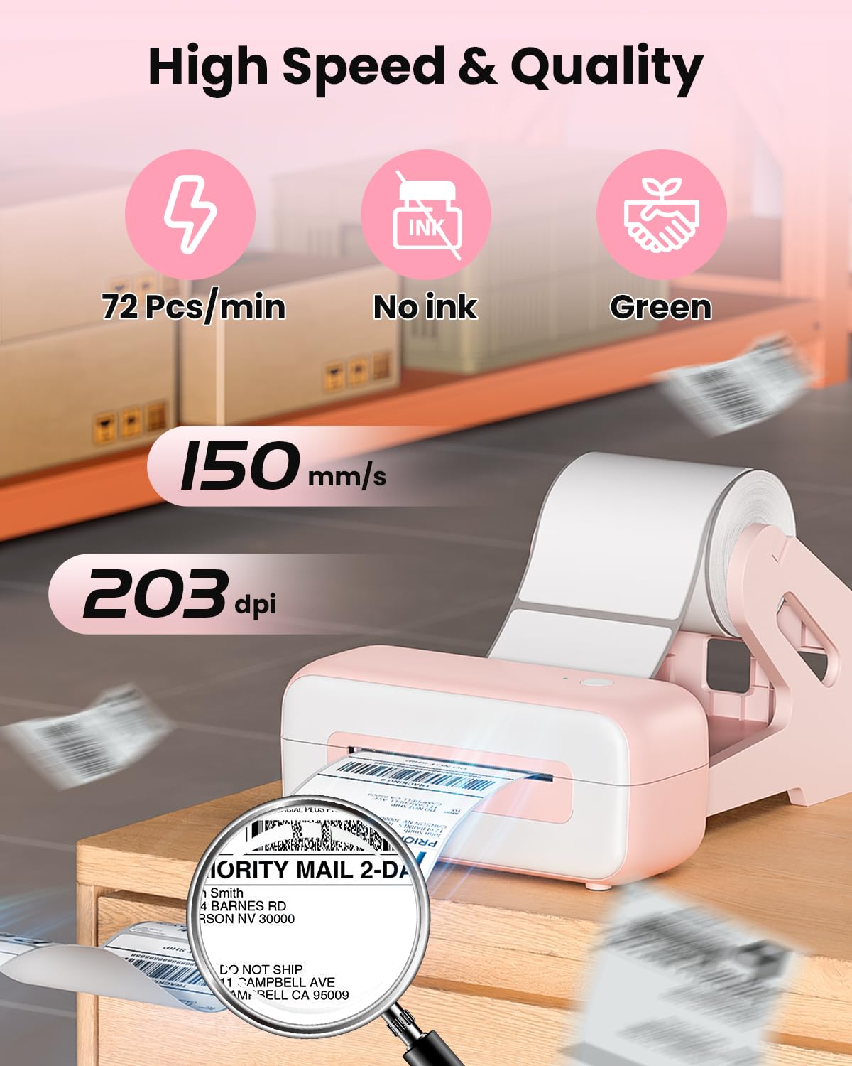 Phomemo 246BT Bluetooth Etikettendrucker DHL Label Printer,4x6 Thermodrucker DHL Labeldrucker,Versandetiketten Drucker Kompatibel mit Amazon, Etsy, Shopify, UPS, FedEx etc(Rosa)