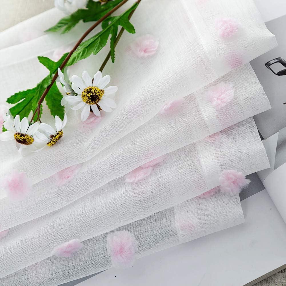 FINECITY White Sheer Curtains 96 Inch Length - Rod Pocket Embroidered Cute Pink Pom Poms Curtain 2 Panels Light Filter Soft Window Voile Drapes for Girls Room, 52 x 96 Inch, 1 Pair, White Pink