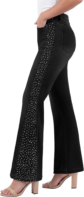 Flare Jeans for Women High Waisted Trendy Wide Leg Embellished Rhinestone Sparkly Concert Stretchy Denim Pants
