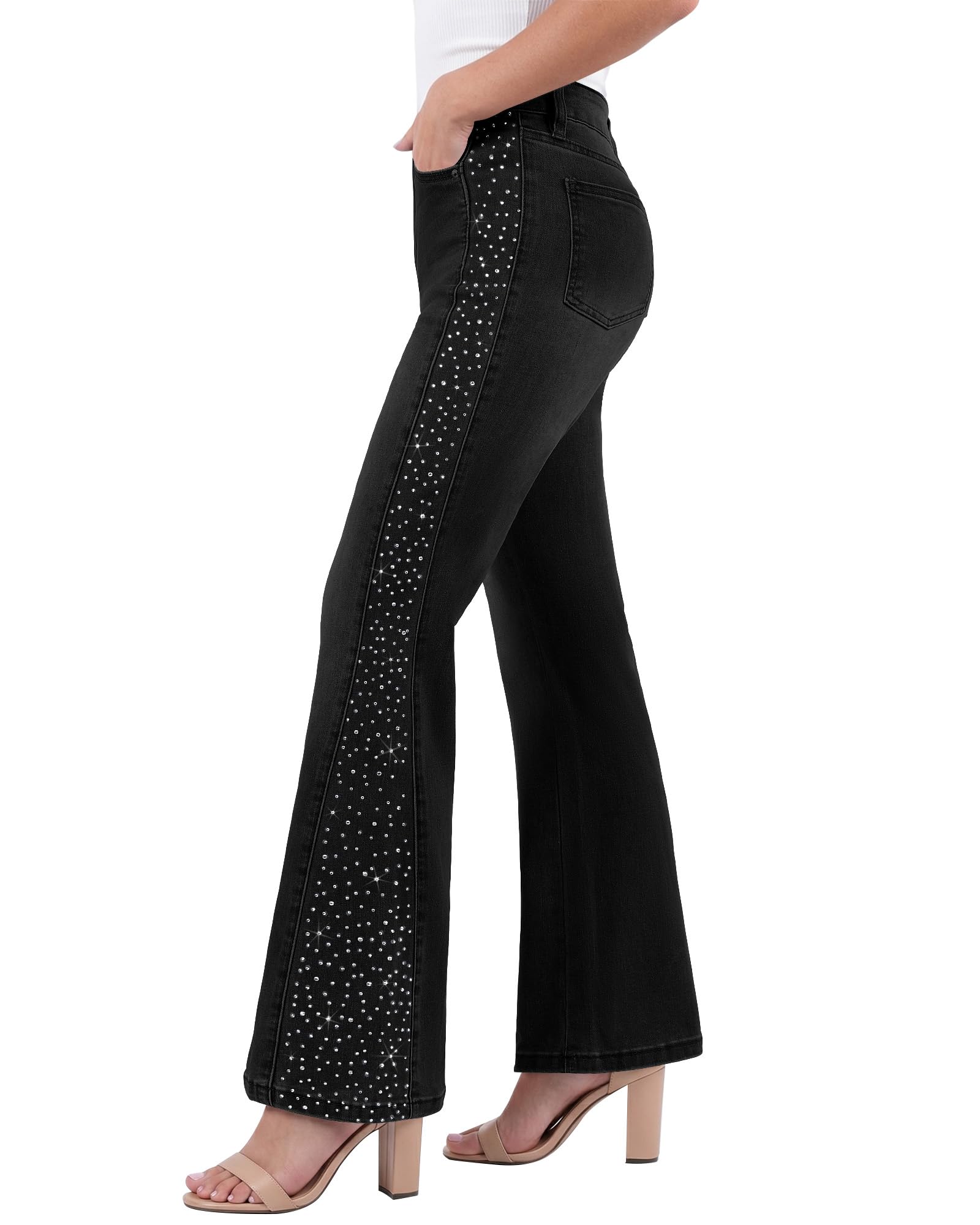 GRAPENT Flare Jeans for Women High Waisted Trendy Wide Leg Embellished Rhinestone Sparkly Concert Stretchy Denim Pants
