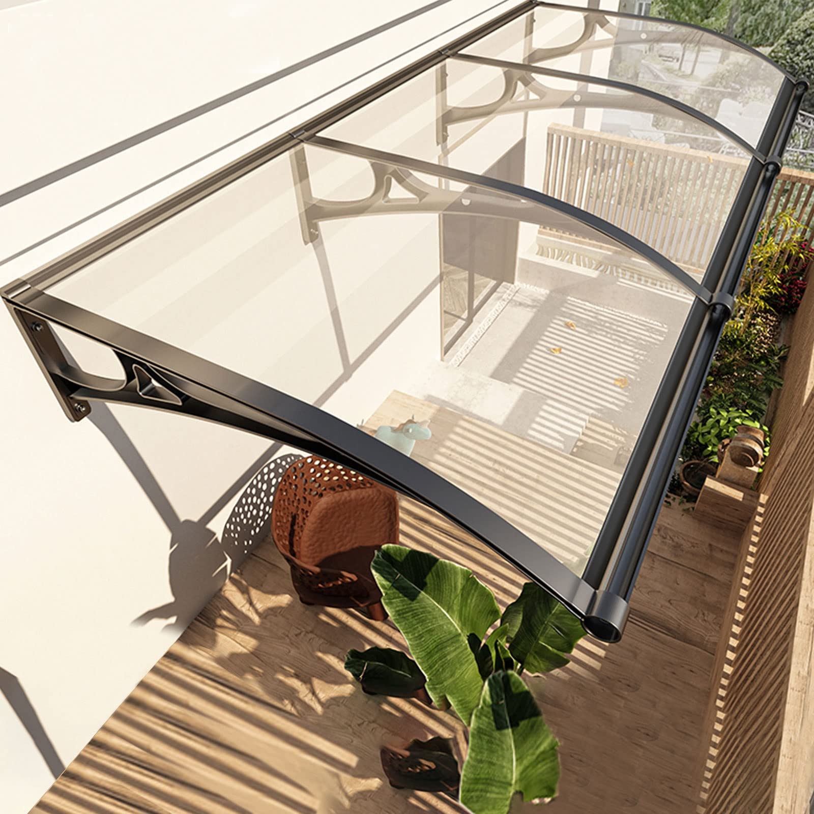Baldacchino curvo in alluminio – Tetto durevole per ingresso esterno per balcone, terrazza e portico, copertura in policarbonato resistente alle intemperie, protezione elegante per porte e finestre