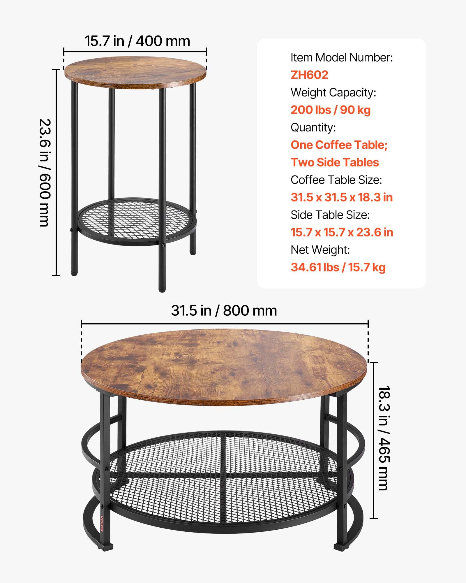 VEVOR 3-TLG. rundes Wohnzimmertisch-Set, (800 x 465 mm) Industrie-Couchtisch mit 2 runden Beistelltischen (40 x 60 cm), Sofatisch-Sets mit Metallbeinen, Satztische für Büro Wohnzimmer Wohnung