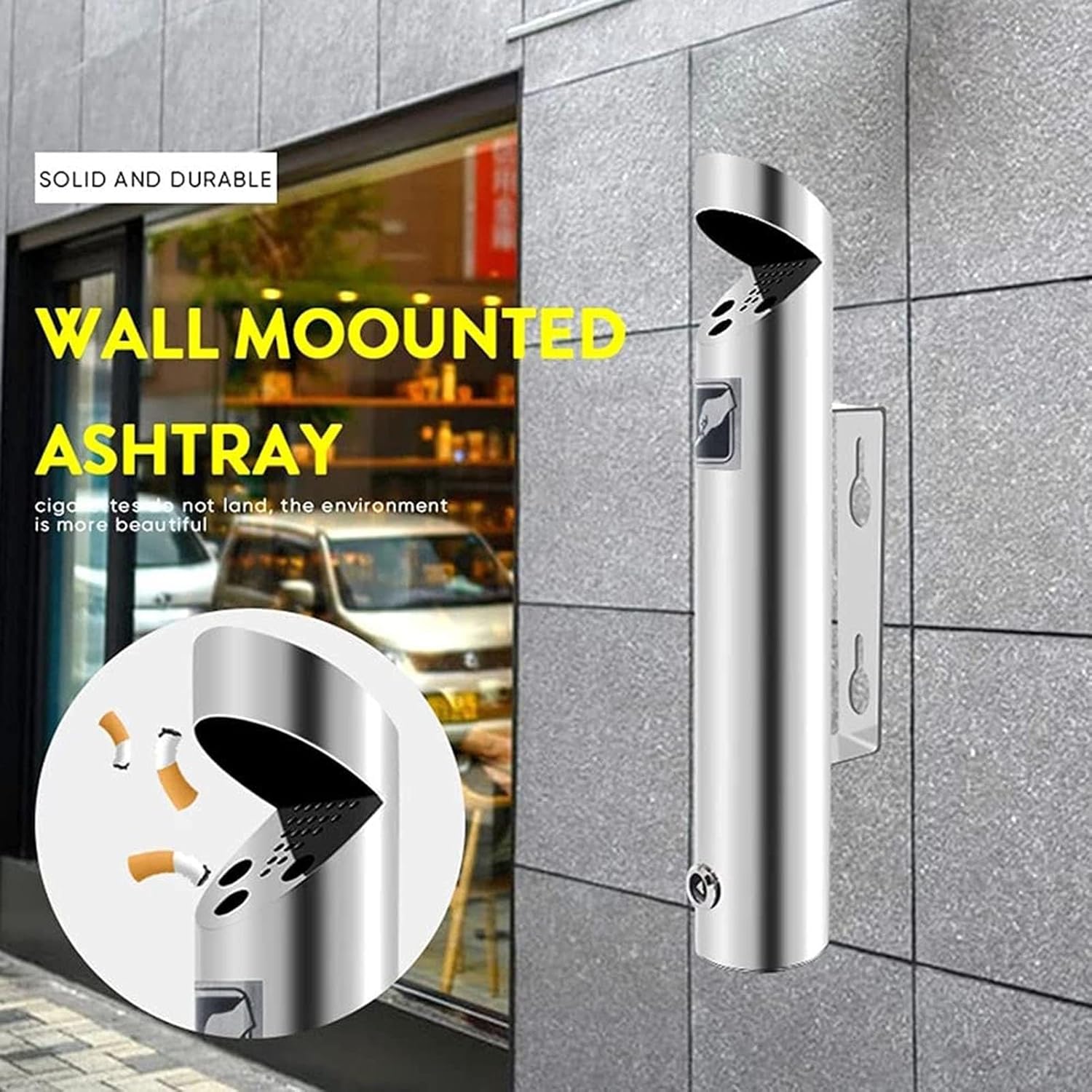 Standing Ashtray- Premium Wall Mounted Cigarette Butt Container -, Brushed Stainless Steel, Wall Mounted Outdoor Cigarette Ashtray, Great for Use Outside of Office, Res