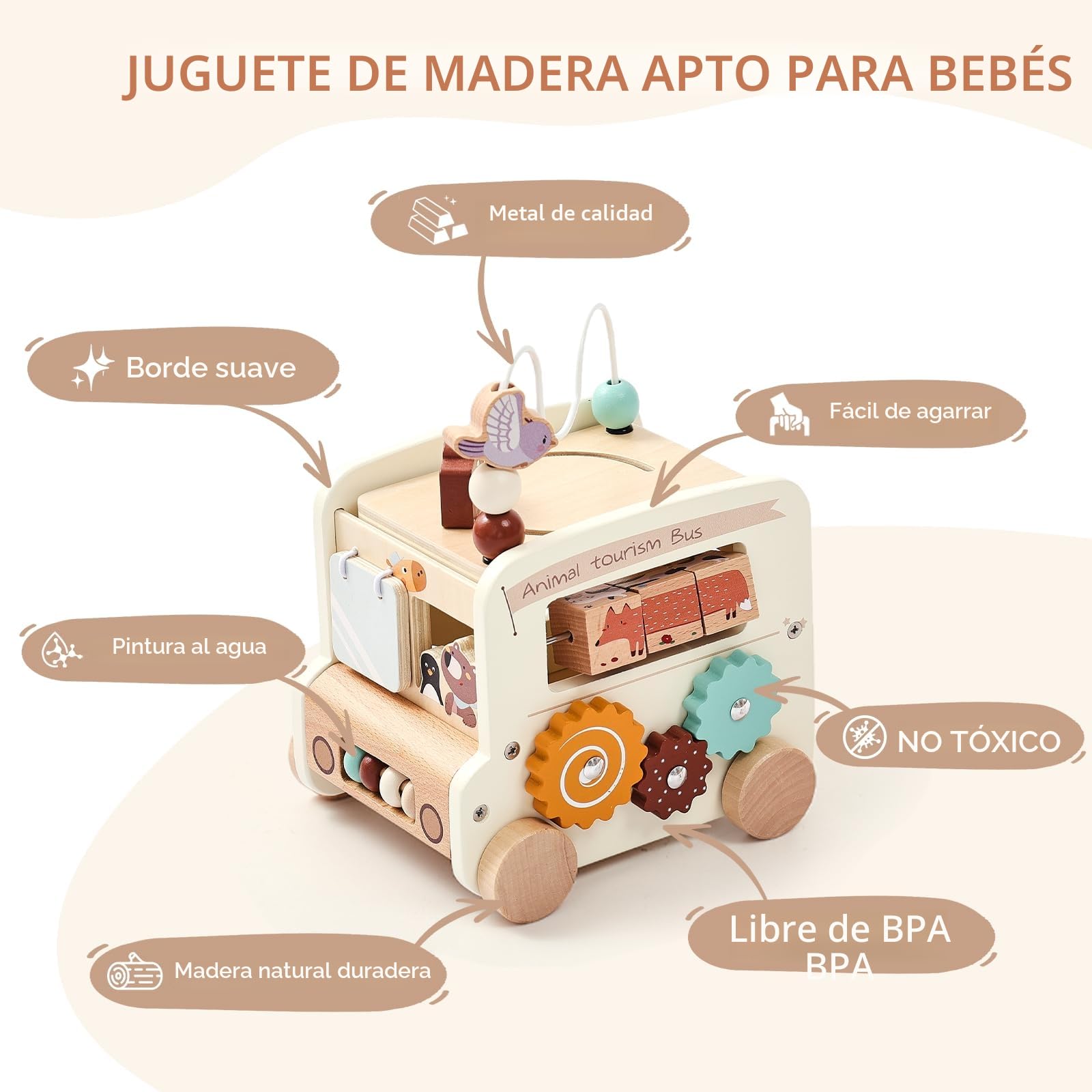 OESSUF Cubo de motricidad para bebé Montessori a Partir de 1 año, 9 en 1 autobús, Juguete de motricidad para más de 12 Meses, Juguete de Madera para bebés a Partir de 1 Regalo para niñas y niños