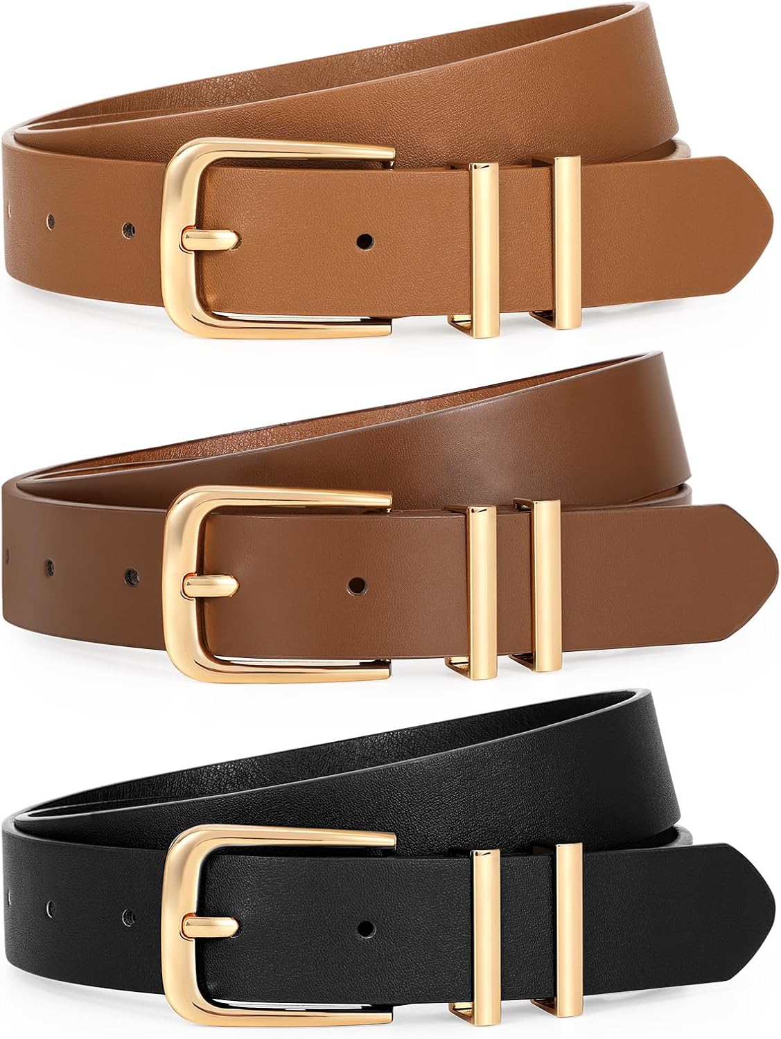 LEACOOLKEY 3 Pack Women's Leather Belts for Jeans Dress Pants Fashion Ladies Leather Belts with Gold Buckle