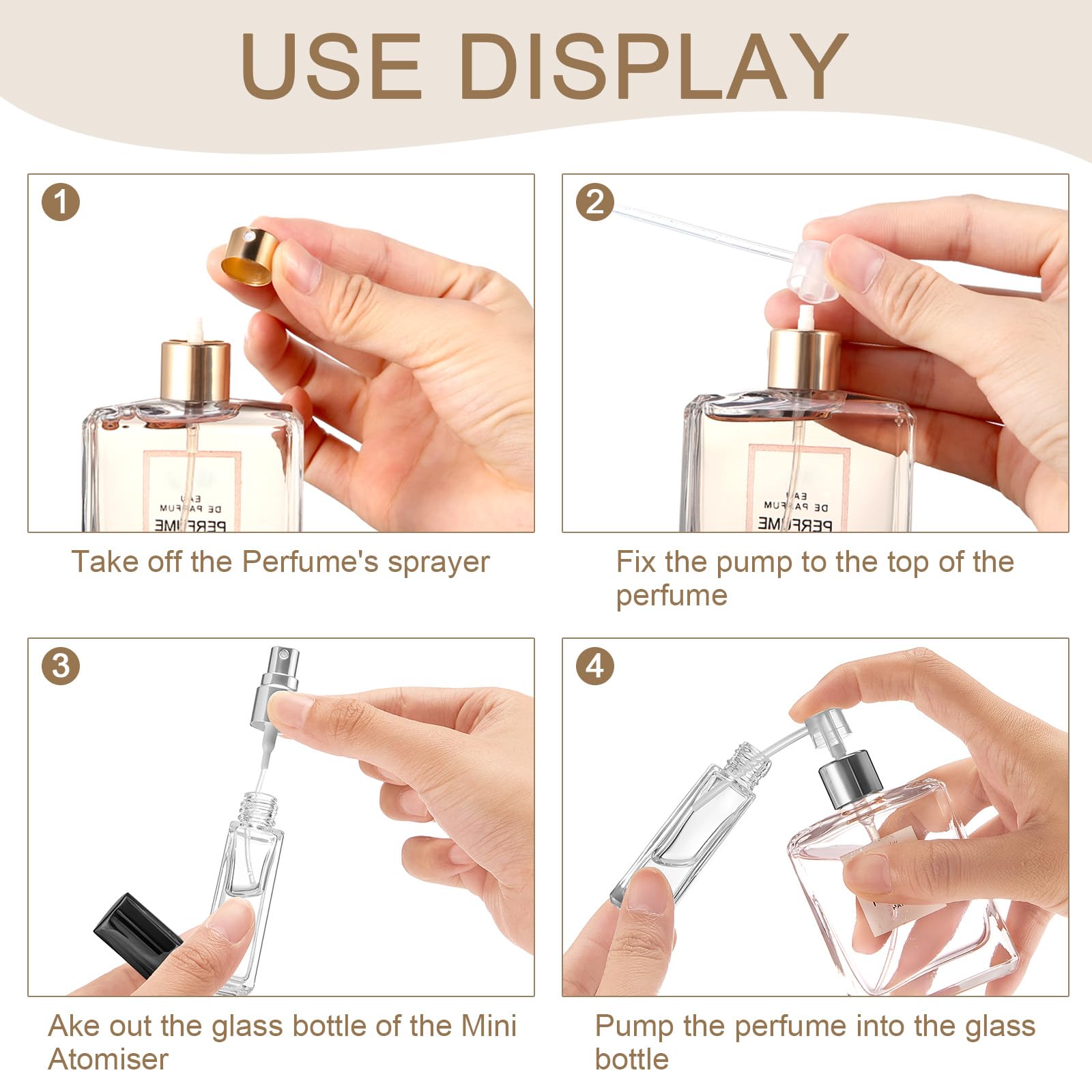 Domensi Glas-Parfüm-Reiseflaschen, nachfüllbar, Mini-Parfümflaschen, leer, kein Auslaufen, Reisegröße, Zerstäuber, Spray, transparent, Probenspender, Gold, Silber, Schwarz, 8 ml