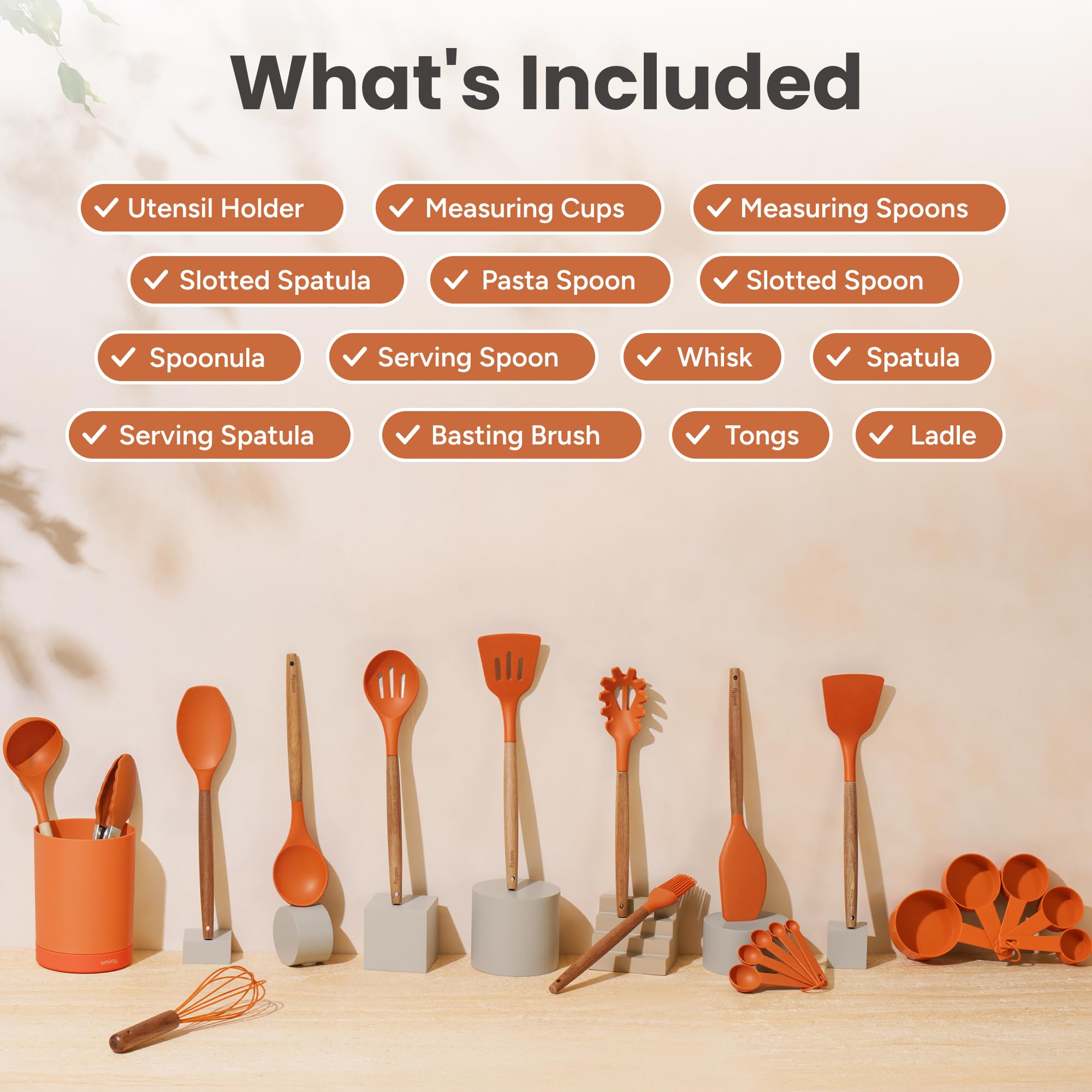 SMIRLY Juego de utensilios de cocina de silicona, esenciales de cocina para el nuevo hogar y el primer apartamento, juego de espátulas de silicona, 22 Piezas, Naranja