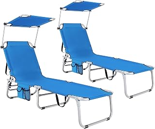 Goplus Lounge Chaise Chair, Foldable 5-Position Adjustable Tanning Sun Bating Chair w/ 360°Canopy & Side Pocket, Outdoor Beach Recliner for Garden Yard Pool Side (2, Blue)