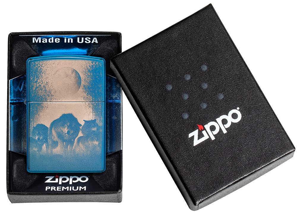 Zippo Encendedor a Prueba de Viento - Modelo Wolves - Acabado Azul Pulido con Color Image - Recargable - Reutilizable - Diseño a Prueba de Viento - Caja de Regalo Hecho en EEUU