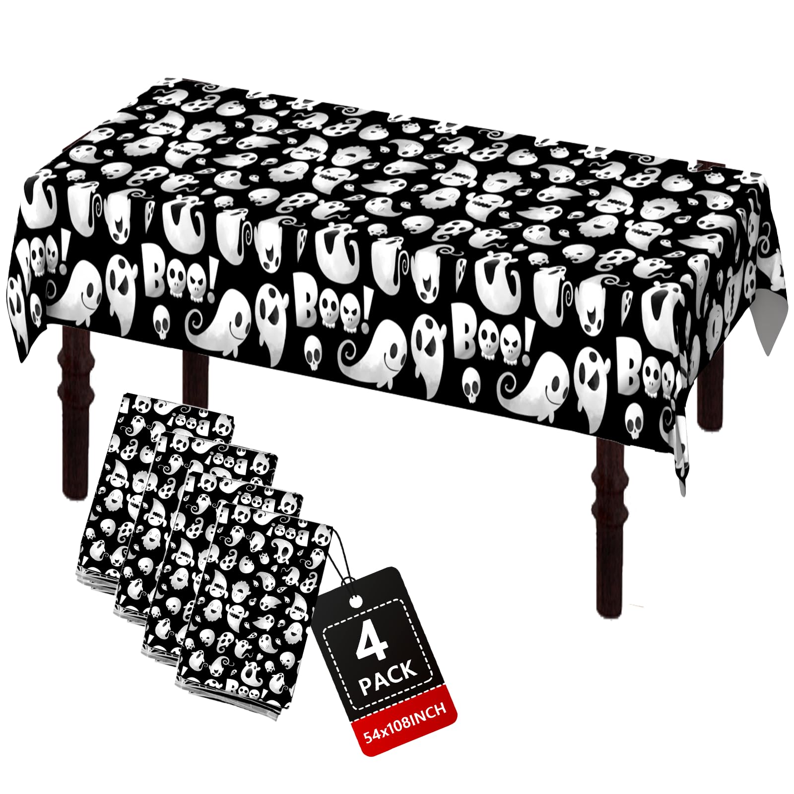 ATFUNSHOP Halloween Tablecloth Plastic 4PACKS 54 X 108 Rectangular Ghost Disposable Table Cover Waterproof Spillproof Table Cloth