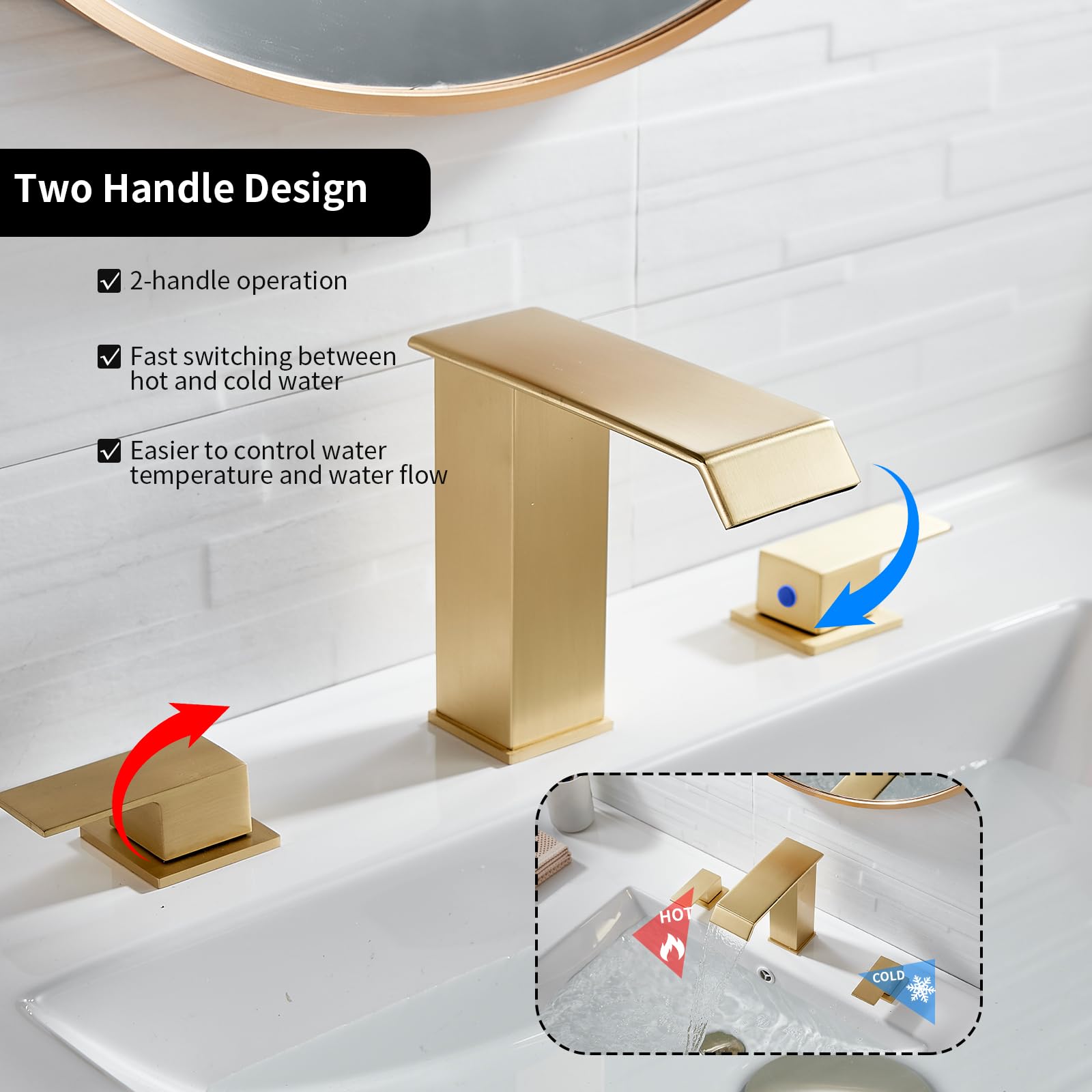Rubinetto per bagno a 2 maniglie, 3 fori, cascata, oro spazzolato, rubinetti per bagno a fori larghi da 8-16 pollici, rubinetto per lavabo in ottone, mobiletto lavabo con piletta a scomparsa, 2 tubi