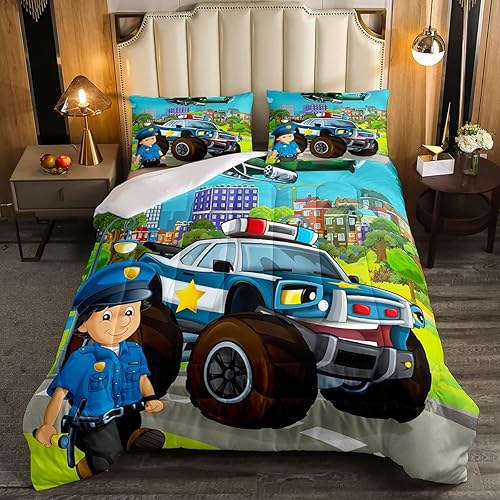 Erosebridal Juego de edredón de coche de policía, tamaño individual, juego de ropa de cama de policía para niños y adolescentes, diseño de
