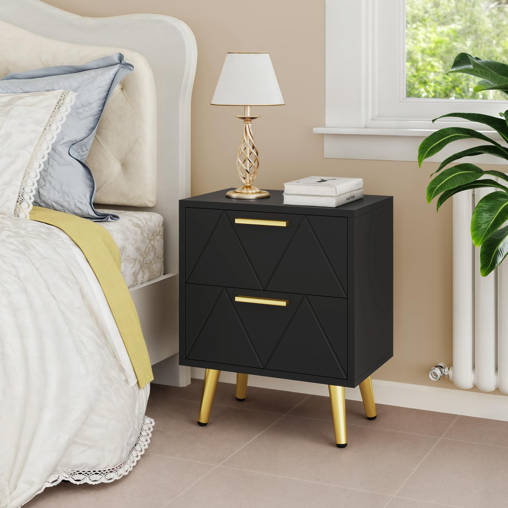 YITAHOME Set di 2 comodini con 2 cassetti, piccolo comodino con contenitore, comodino per soggiorno, camera da letto, ufficio, nero e oro, 40 x 30 x 52 cm, nero e oro