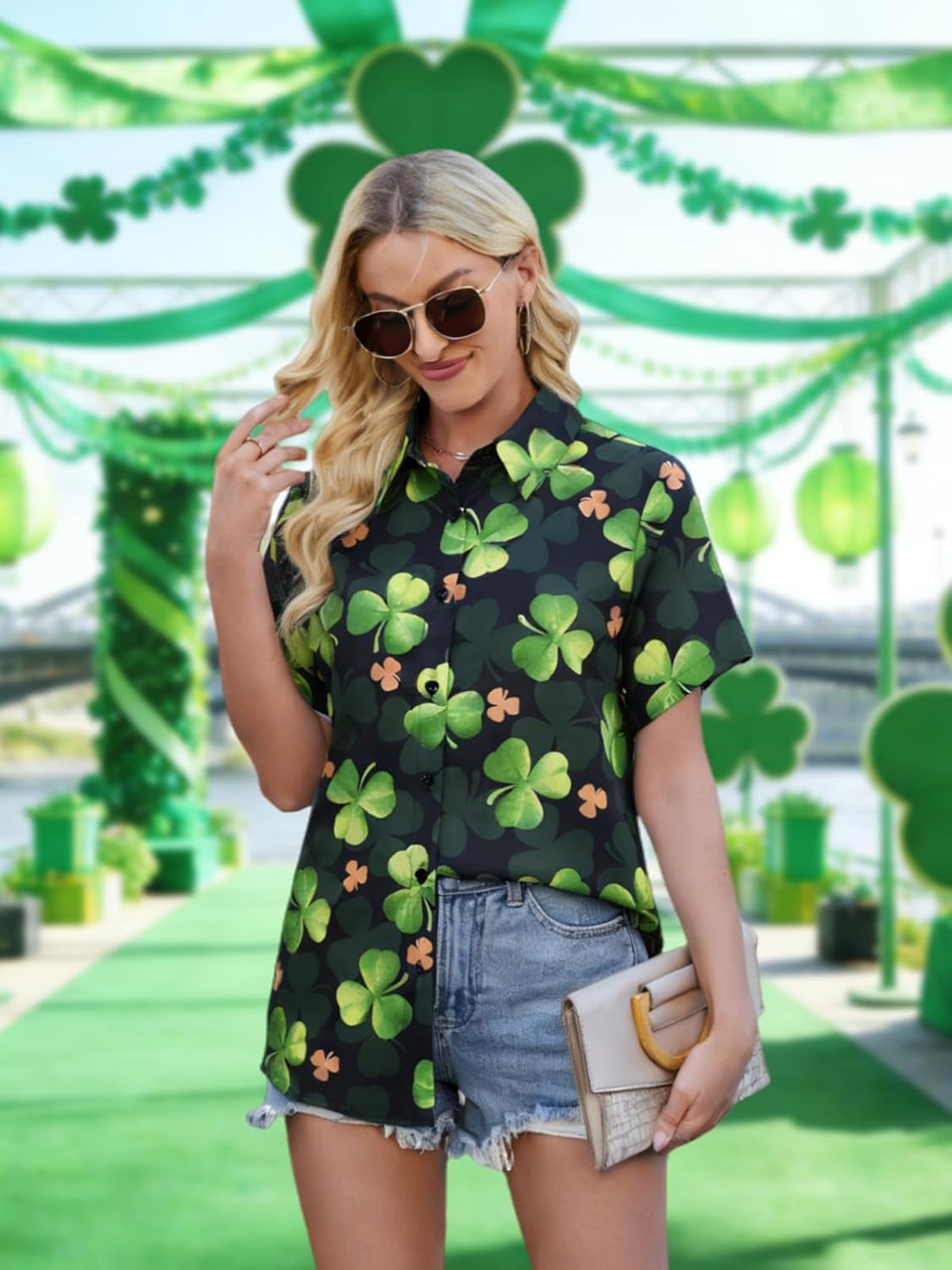 St Patricks Day Button Up Shirt Women Irish Lucky Clover Print Shirts Hawaiian Summer Vacation Short Sleeve Top Blouses - Image 3