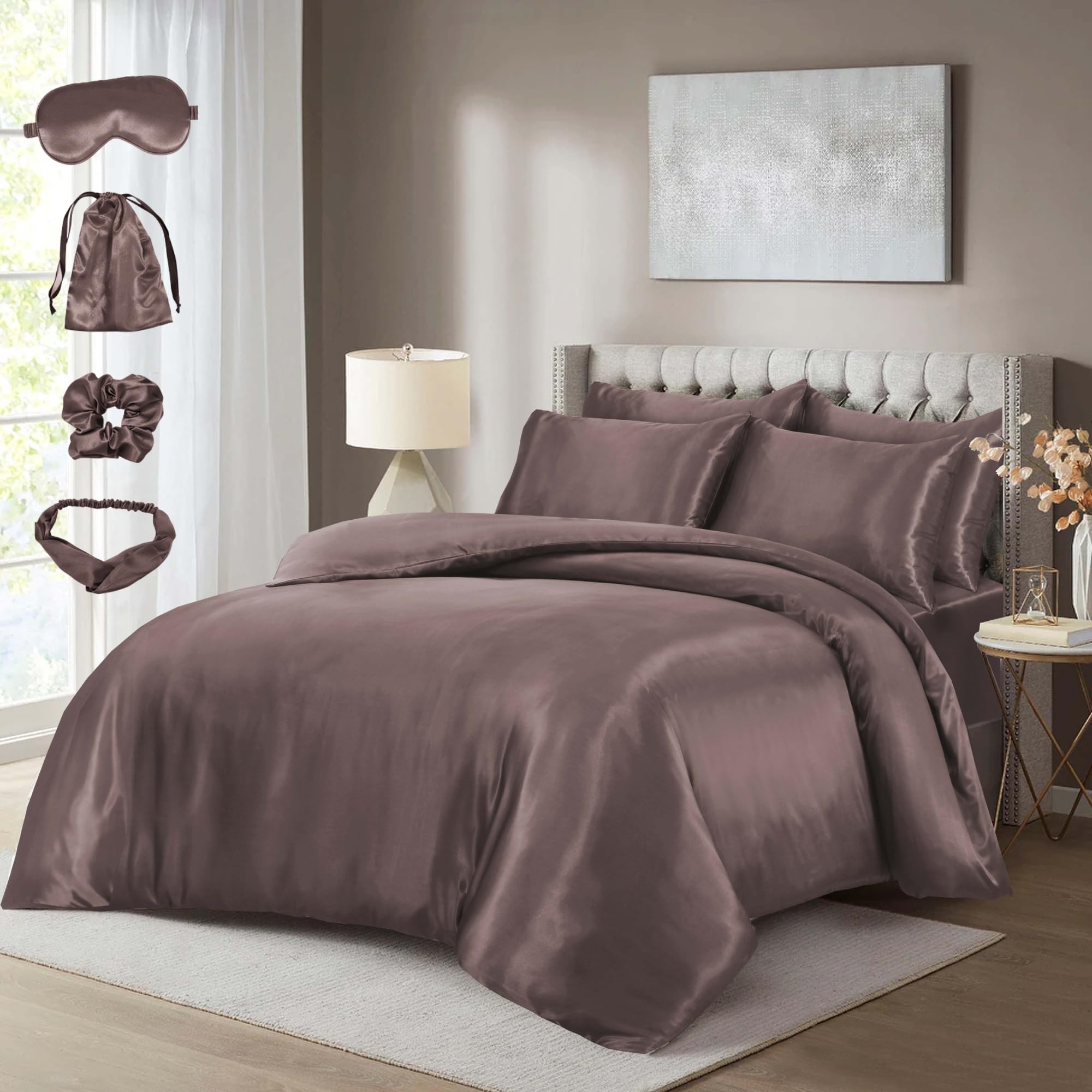 BOSKI LONDON Luxury 10 Piece Satin Silk Complete Bedding Set | Duvet Cover, Fitted Sheet, Pillowcases & Accessories | Silky Satin Bedding Set Single Double King Super King (BLUSH-PINK, DOUBLE)