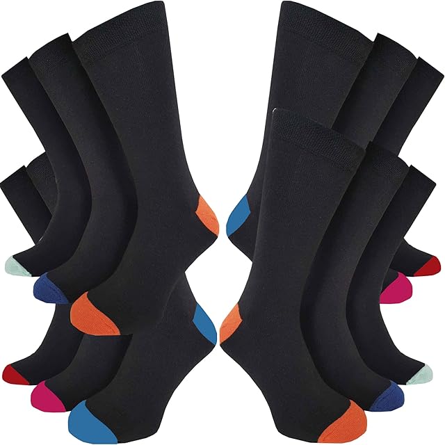 Kensington® Mens Socks Multipack UK 6-11 6 and 12 pairs Black Stripes Multicoloured Argyle Breathable Soft Cotton Smart Designer Socks Heel & Toe Eco-Friendly London Suit Sock for Work