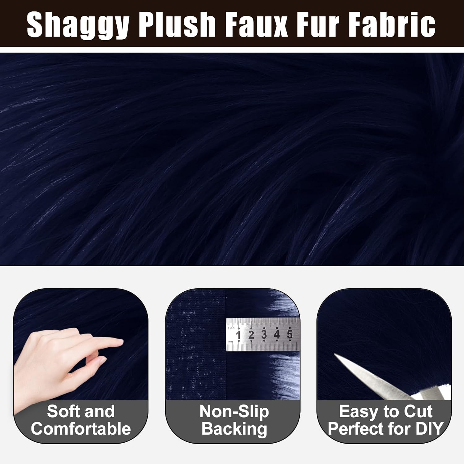 Navy Blue 8x60Inch Faux Fur Shaggy Plush Faux Fur, Fabric Precut Strips Fluffy Fuzzy Faux Fur, Craft Beard Hair, Beard Miniature Dolls Rugs Mats Gift, Winter Halloween Christmas Costume Party Decor