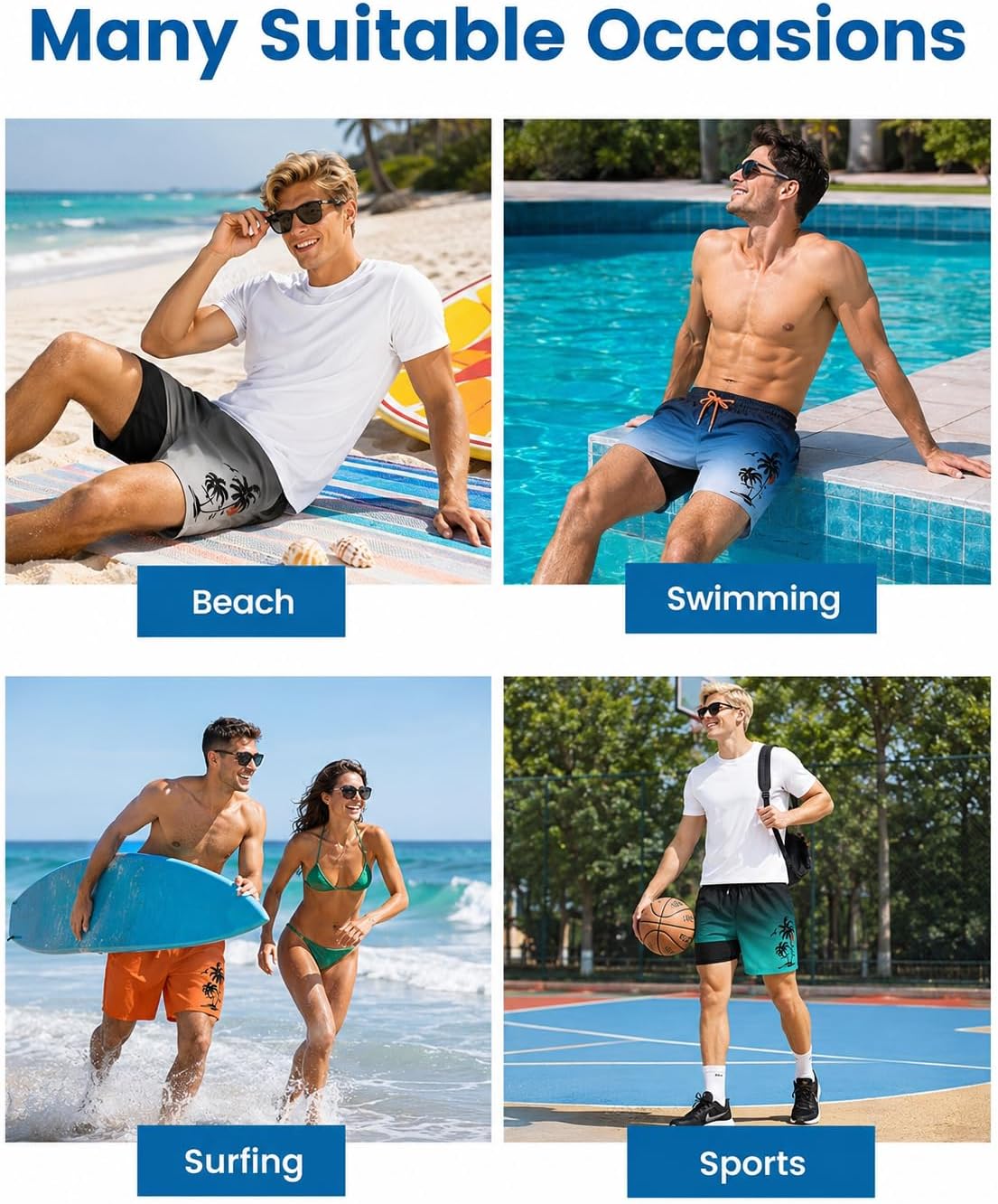 ODIZLI Short Swim Trunks Men: Hawaii Swimwear Beach Shorts with Pockets Adjustable Drawstring Mens Board Shorts