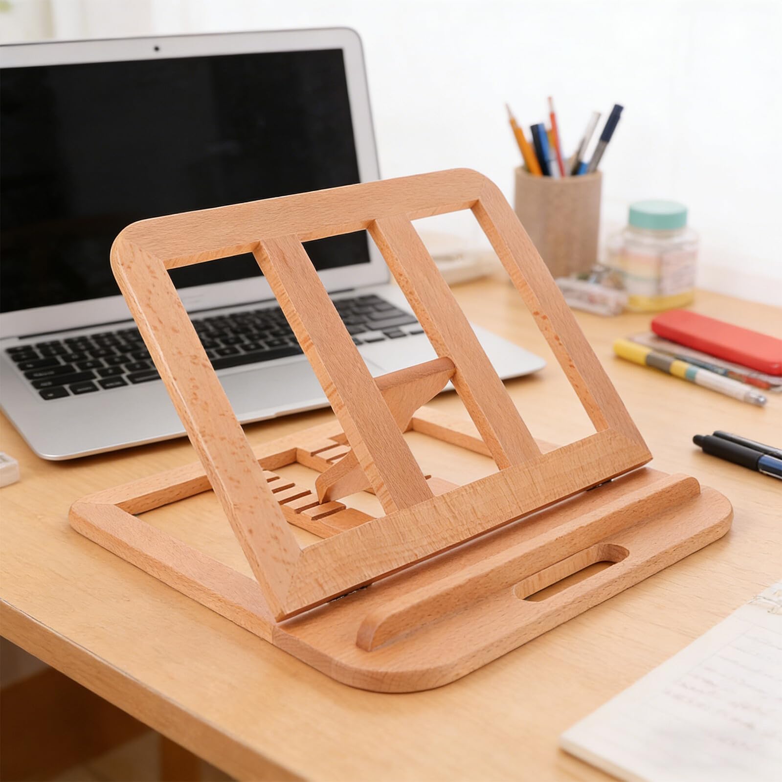 Supporto Ergonomico Regolabile per Laptop 16' in Legno Ventilato con 6 Livelli di Altezza, Stand Portatile per Scrivania Ufficio e Raffreddamento Notebook