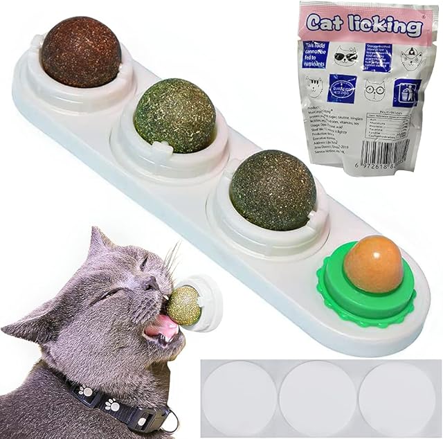 XiXiRan Catnip Wall Toys, Edible Balls Catnip, 4 in 1 Catnip Balls Toy for Cats, Catnip Edible Balls, Self-Adhesive Edible Catnip Toys, Natural Rotatable Licking Treats Toys, Chew to Clean Teeth
